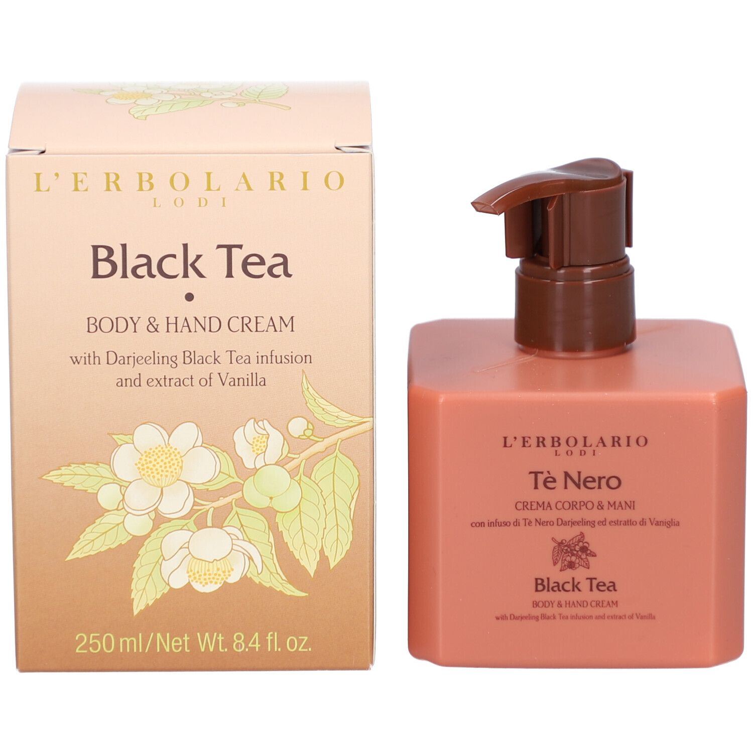Produktverpackung und Flasche. Aufschrift: L'Erbolario, Black Tea, Creme für Körper und Hände.