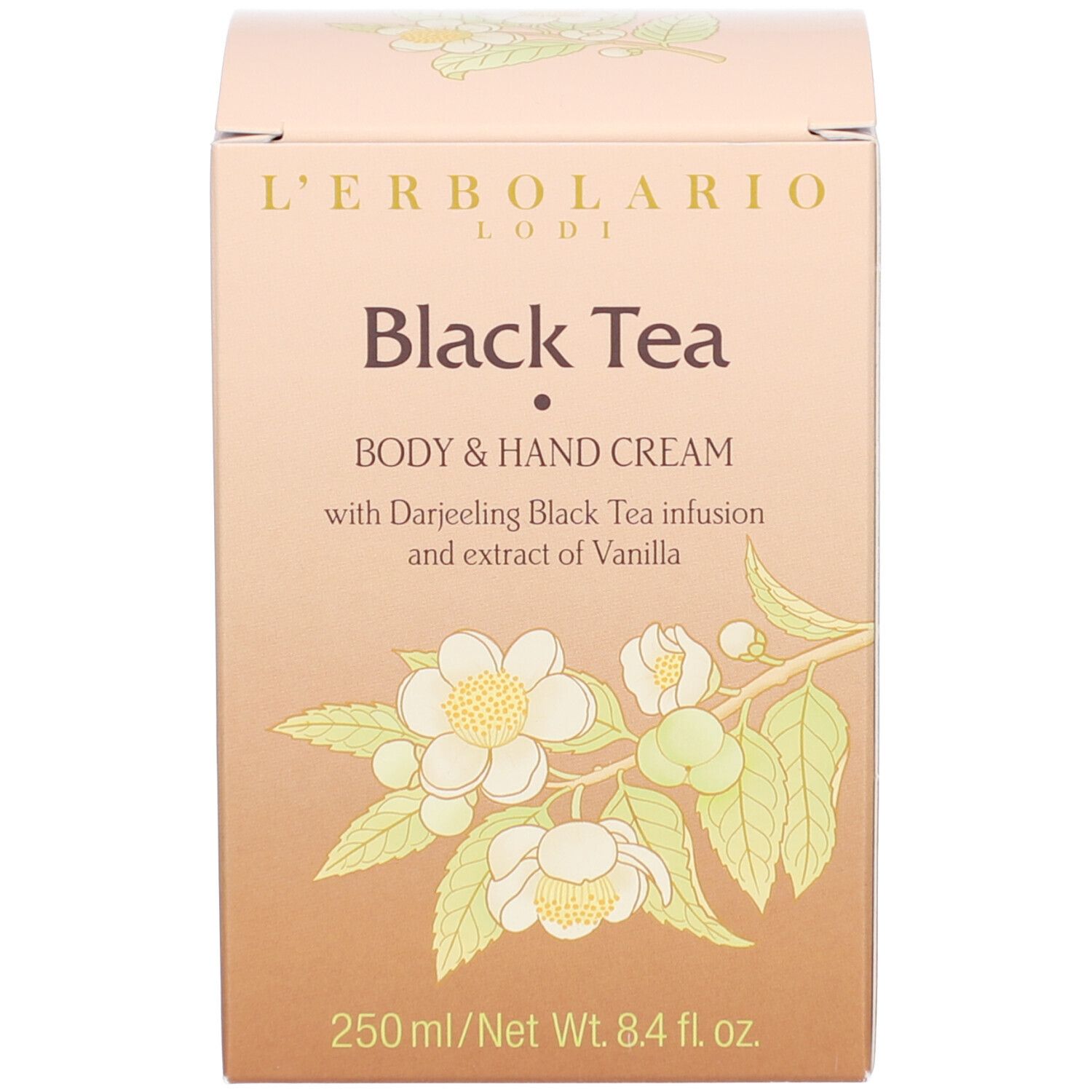 Produktverpackung. Aufschrift: L'Erbolario, Black Tea, Creme für Körper und Hände.
