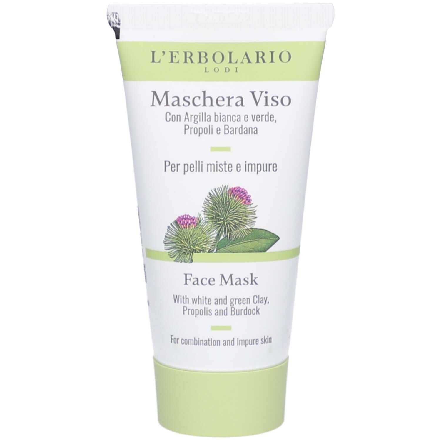 Creme-Tube mit grünem Deckel. Aufschrift: L'Erbolario, Maschera Viso, Face Mask. Enthält weiße und grüne Tonerde, Propolis und Klette.