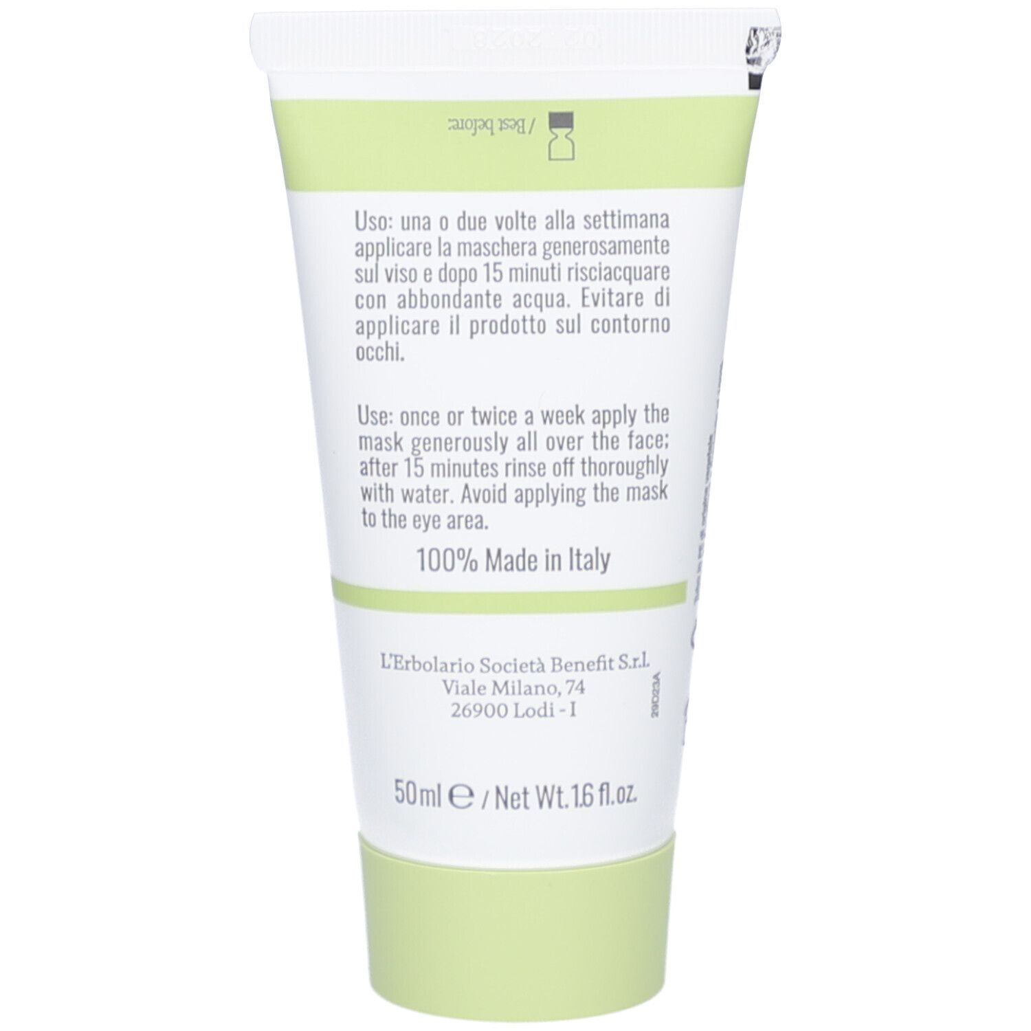 Rückseite der Creme-Tube. Text: Anwendungshinweise, 100% Made in Italy, L'Erbolario Società Benefit S.r.l., 50ml / Net Wt. 1.6 fl.oz.