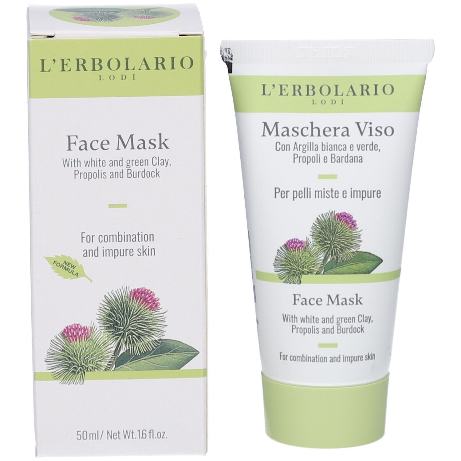 Produktverpackung und Tube. Verpackung: L'Erbolario, Face Mask. Tube: L'Erbolario, Maschera Viso, Face Mask. Enthält weiße und grüne Tonerde, Propolis und Klette.