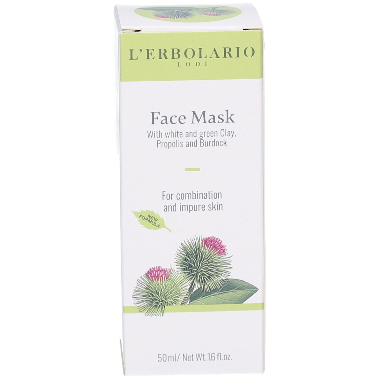 Produktverpackung. Aufschrift: L'Erbolario, Face Mask. Enthält weiße und grüne Tonerde, Propolis und Klette. 50ml / Net Wt. 1.6 fl.oz.