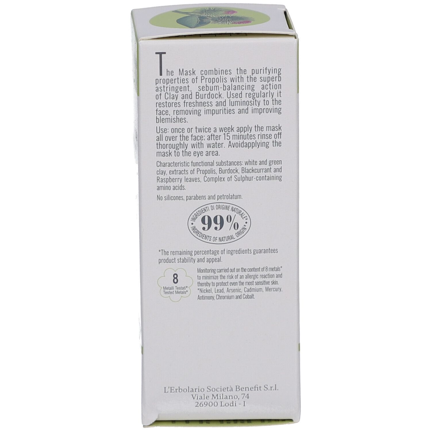 Produktverpackung, Rückseite. Text: Inhaltsstoffe, 99% Inhaltsstoffe natürlichen Ursprungs, 8, L'Erbolario Società Benefit S.r.l.