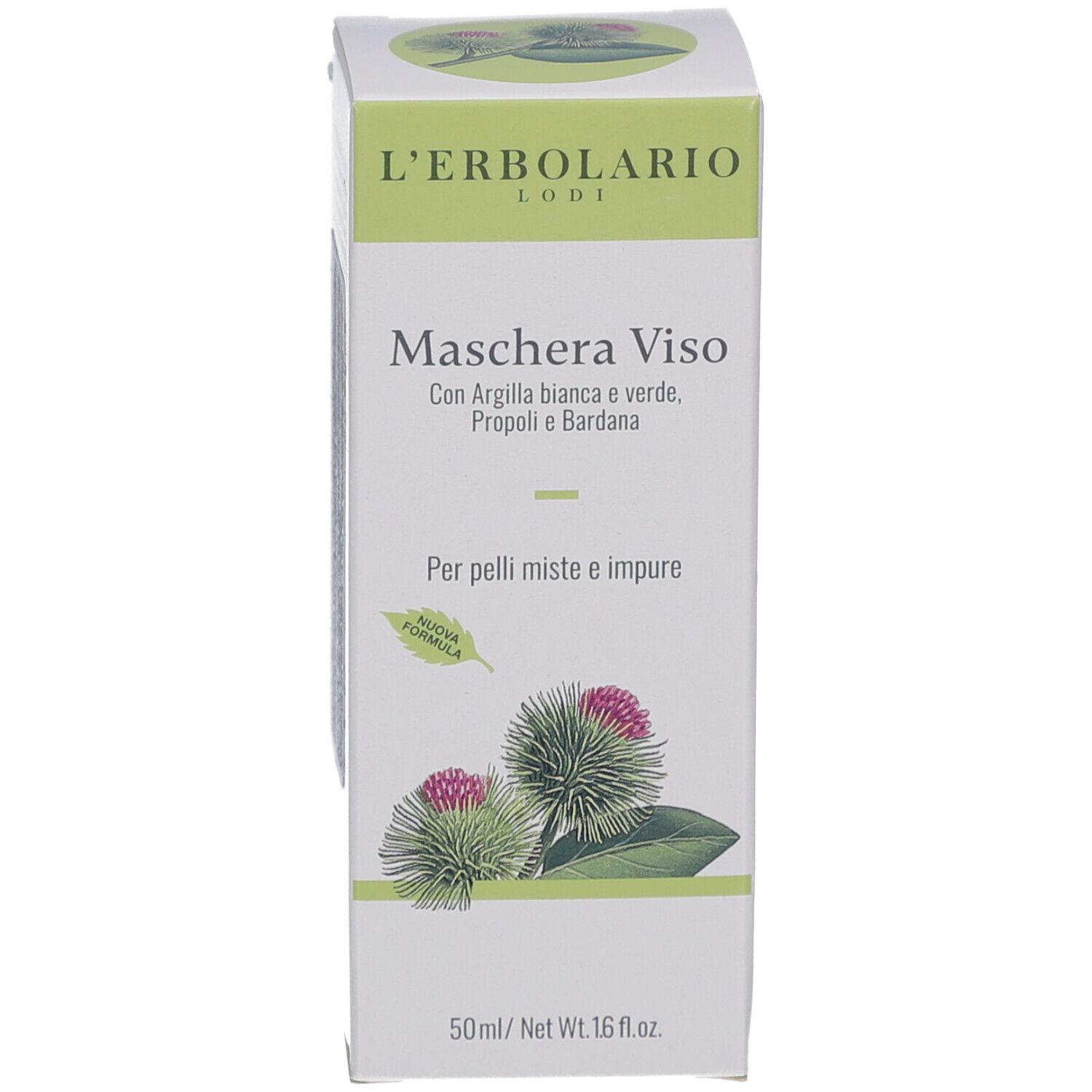 Produktverpackung. Aufschrift: L'Erbolario, Maschera Viso. Enthält weiße und grüne Tonerde, Propolis und Klette. 50ml / Net Wt. 1.6 fl.oz.