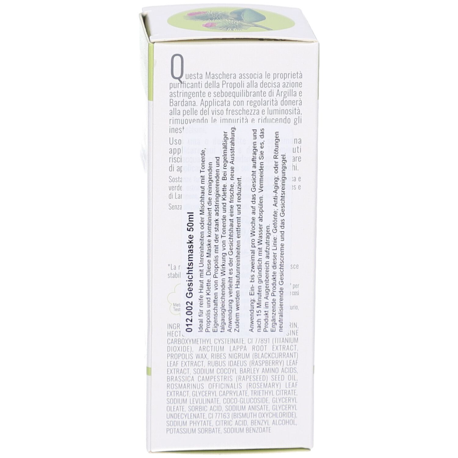 Produktverpackung, Seite. Text: Anwendungshinweise, Inhaltsstoffe, 012.002 Gesichtsmaske, L'Erbolario Società Benefit S.r.l.