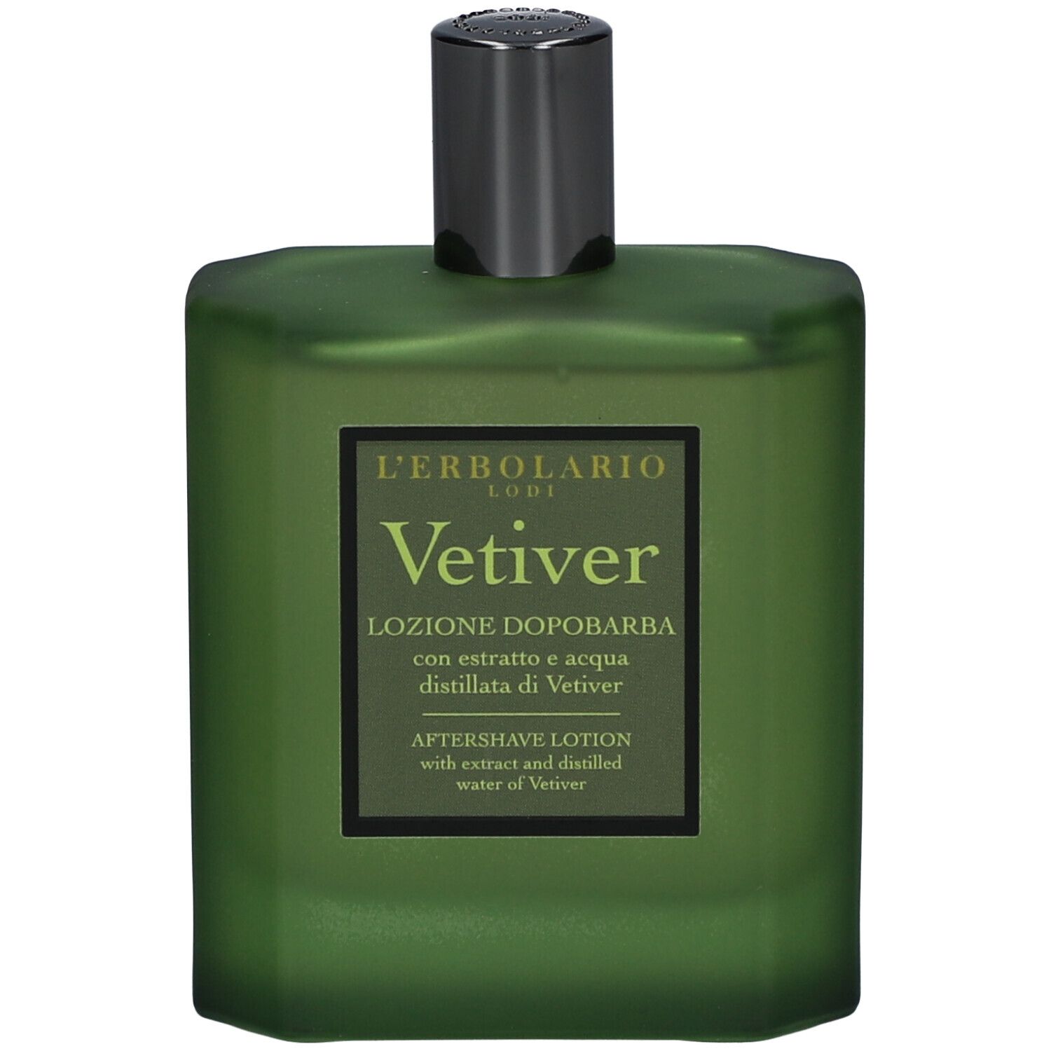 Grüne Flasche mit schwarzem Verschluss. Etikett mit Produktnamen und Marke.