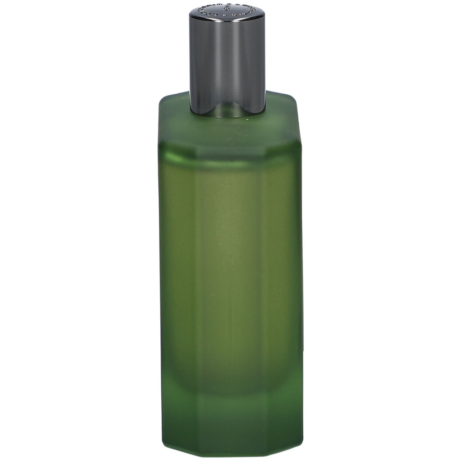 Grüne, achteckige Flasche mit silbernem Verschluss. Produktansicht.