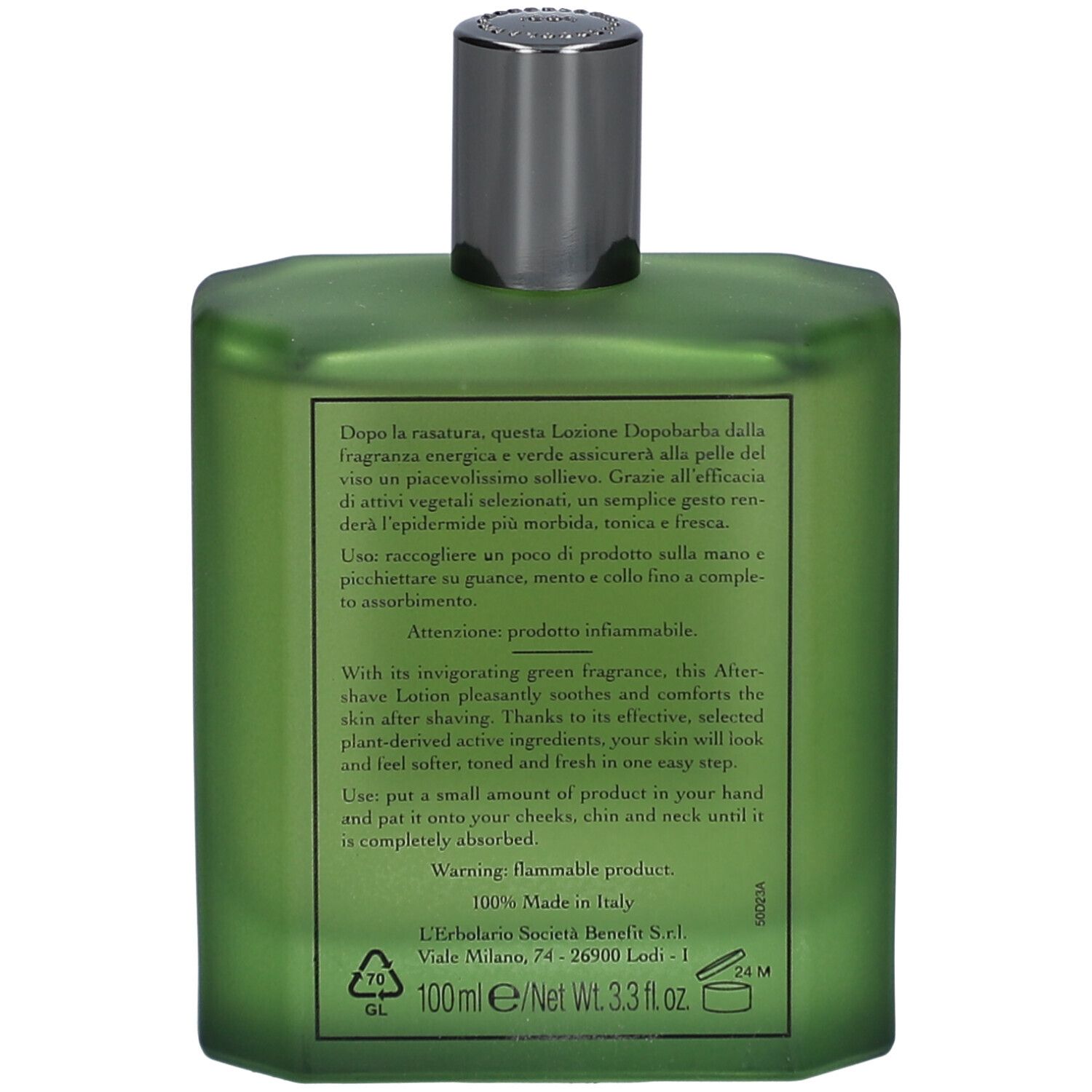 Rückseite der grünen Flasche. Text in mehreren Sprachen.