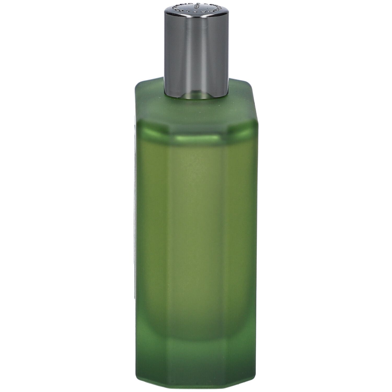 Grüne, achteckige Flasche mit silbernem Verschluss. Produktansicht.