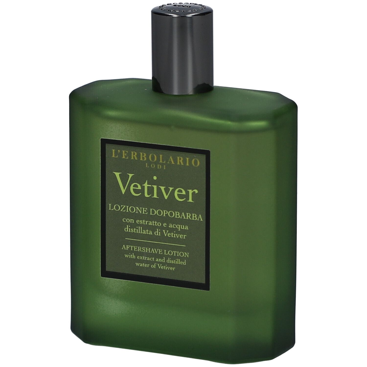 Grüne Flasche mit schwarzem Verschluss. Etikett mit Produktnamen und Marke.