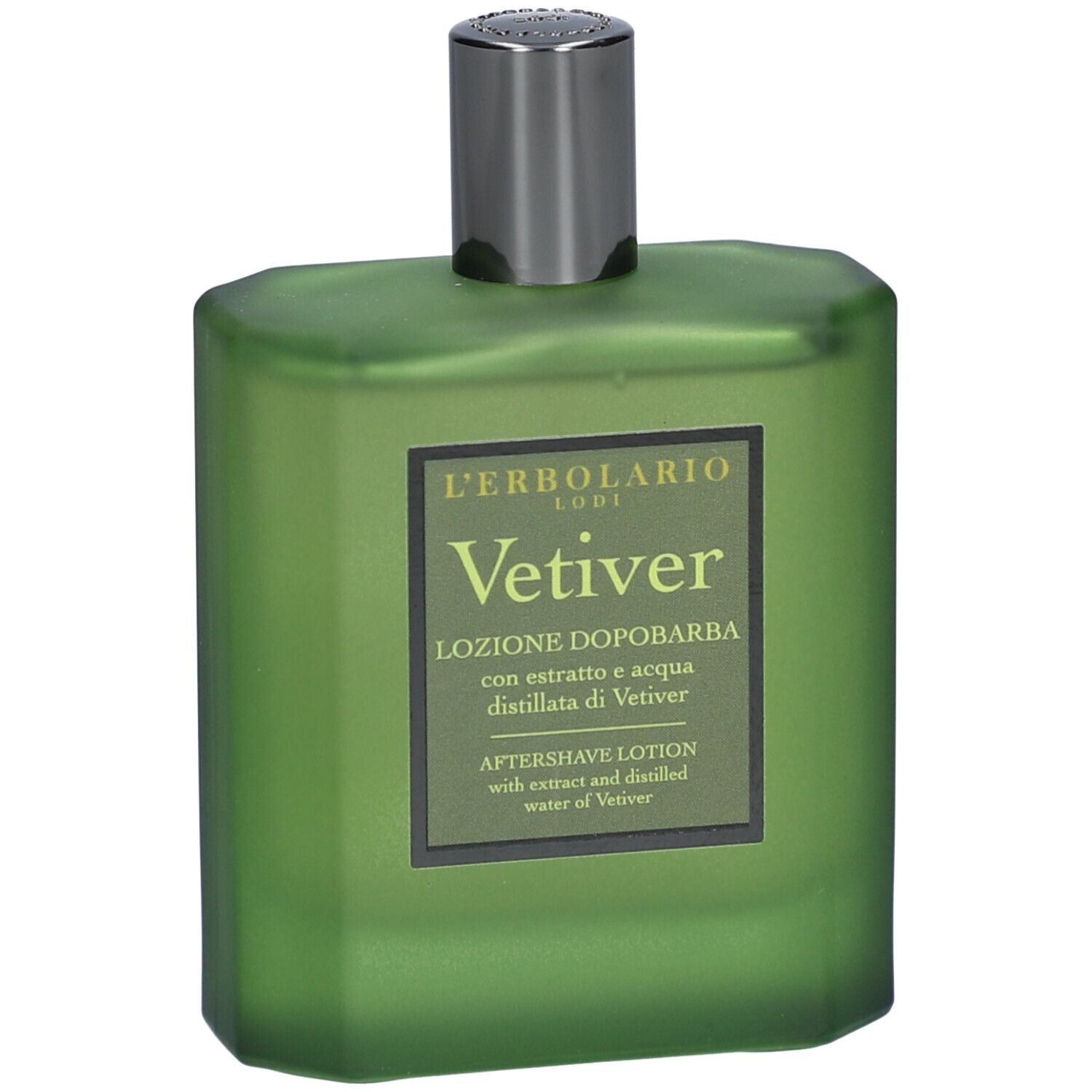 Grüne Flasche mit schwarzem Verschluss. Etikett mit Produktnamen und Marke.