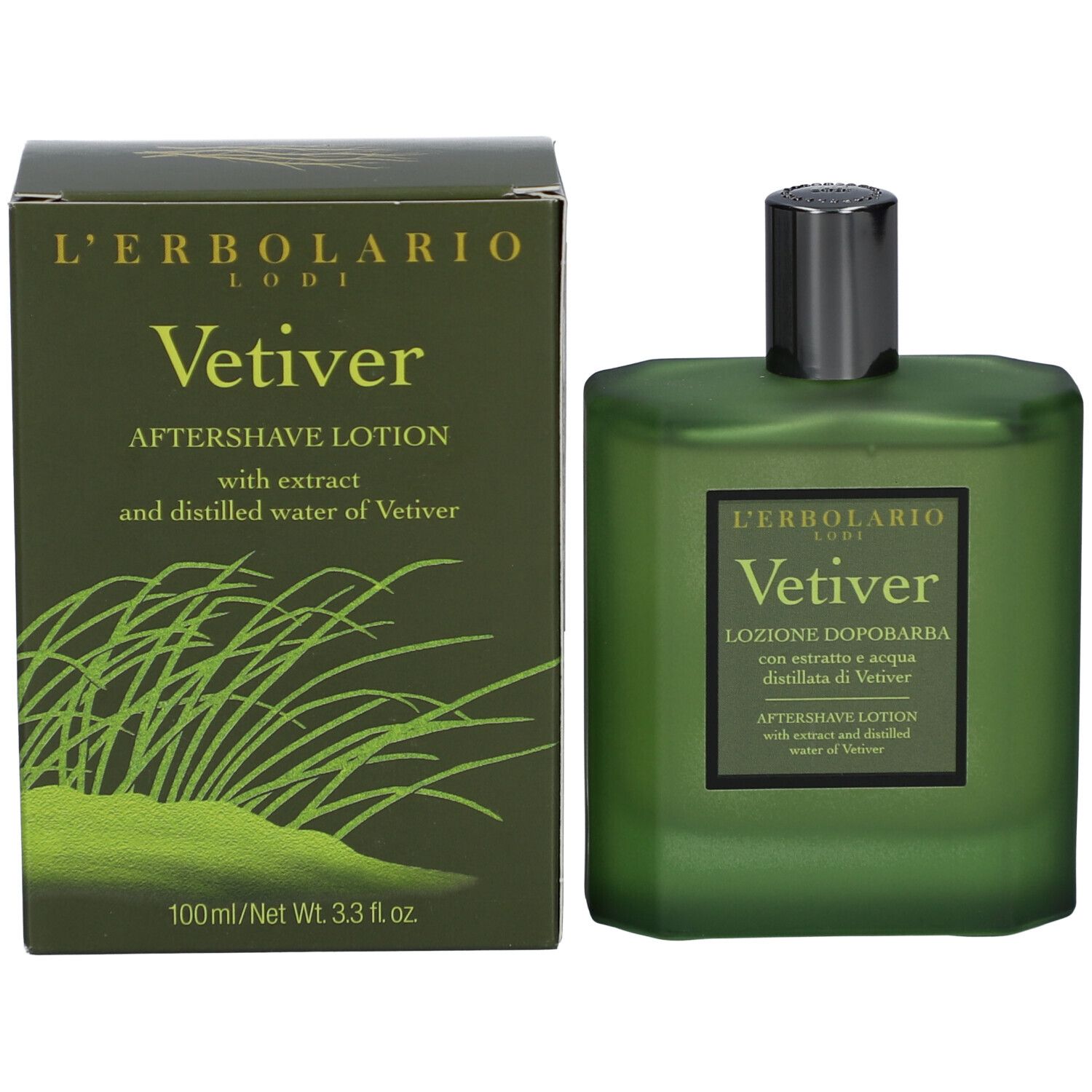 Produktflasche und Verpackung. Grüne Flasche und Schachtel.