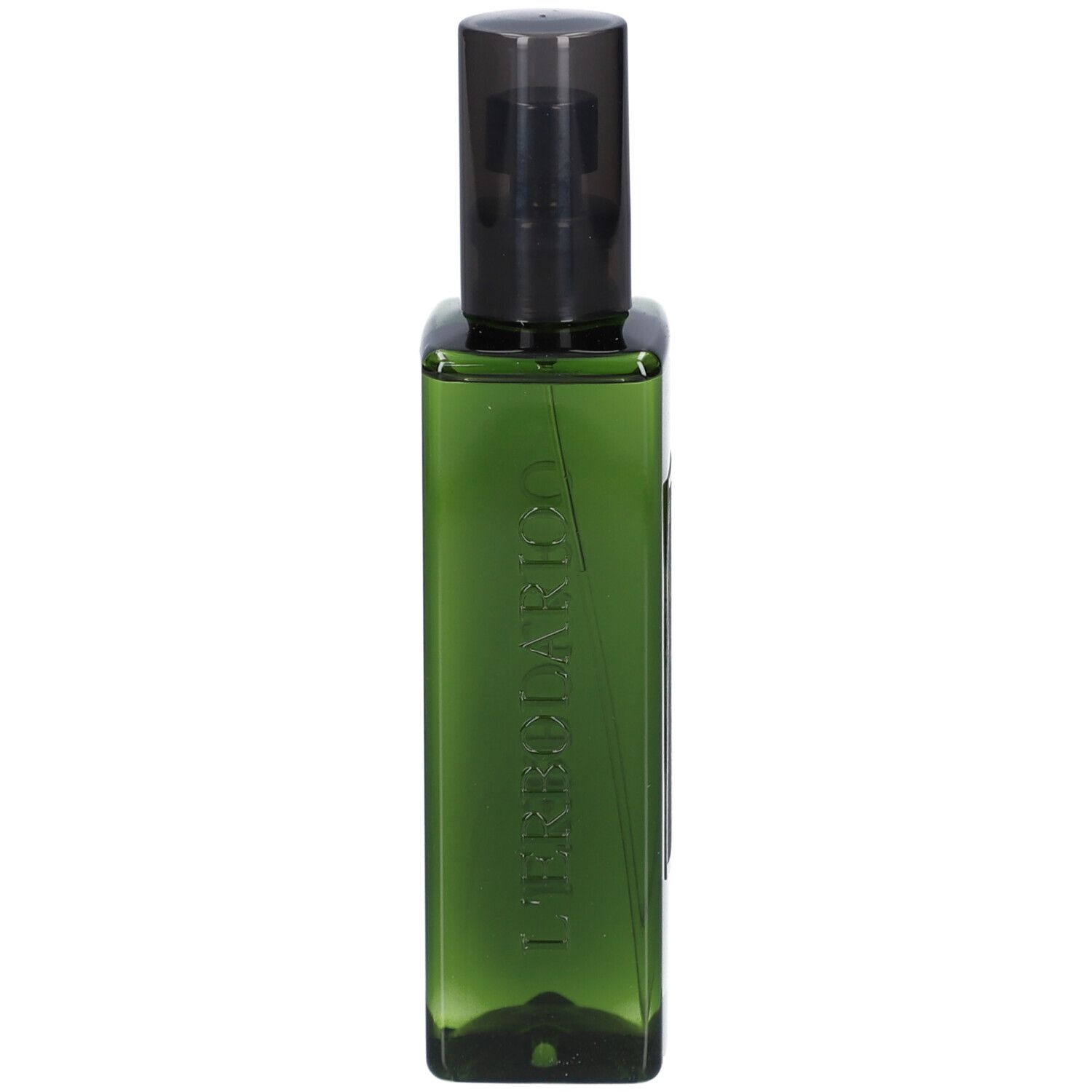 Grüne Flasche mit schwarzem Sprühkopf. Aufschrift: L'Erbolario.