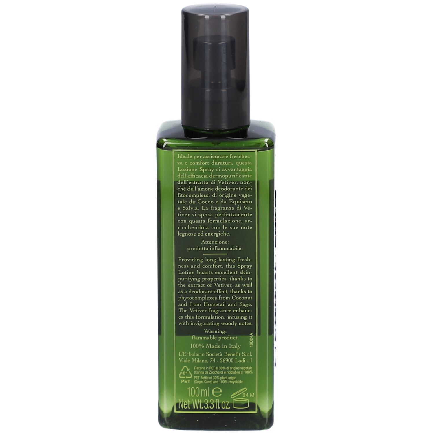 Rückseite einer grünen Flasche mit Text. Aufschrift: L'Erbolario, Vetiver, Deodorant Lotion.