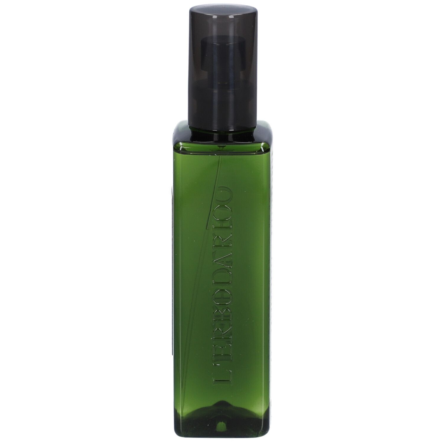 Grüne Flasche mit schwarzem Sprühkopf. Aufschrift: L'Erbolario.