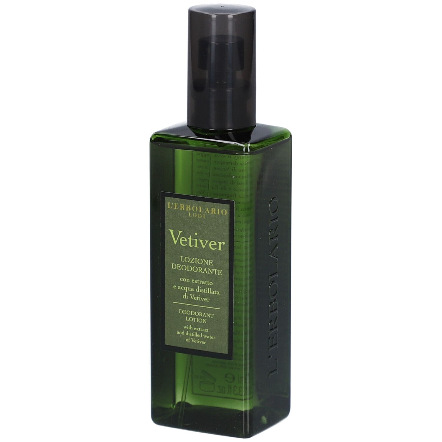 Grüne Flasche mit schwarzem Sprühkopf. Aufschrift: L'Erbolario, Vetiver, Lozione Deodorante.