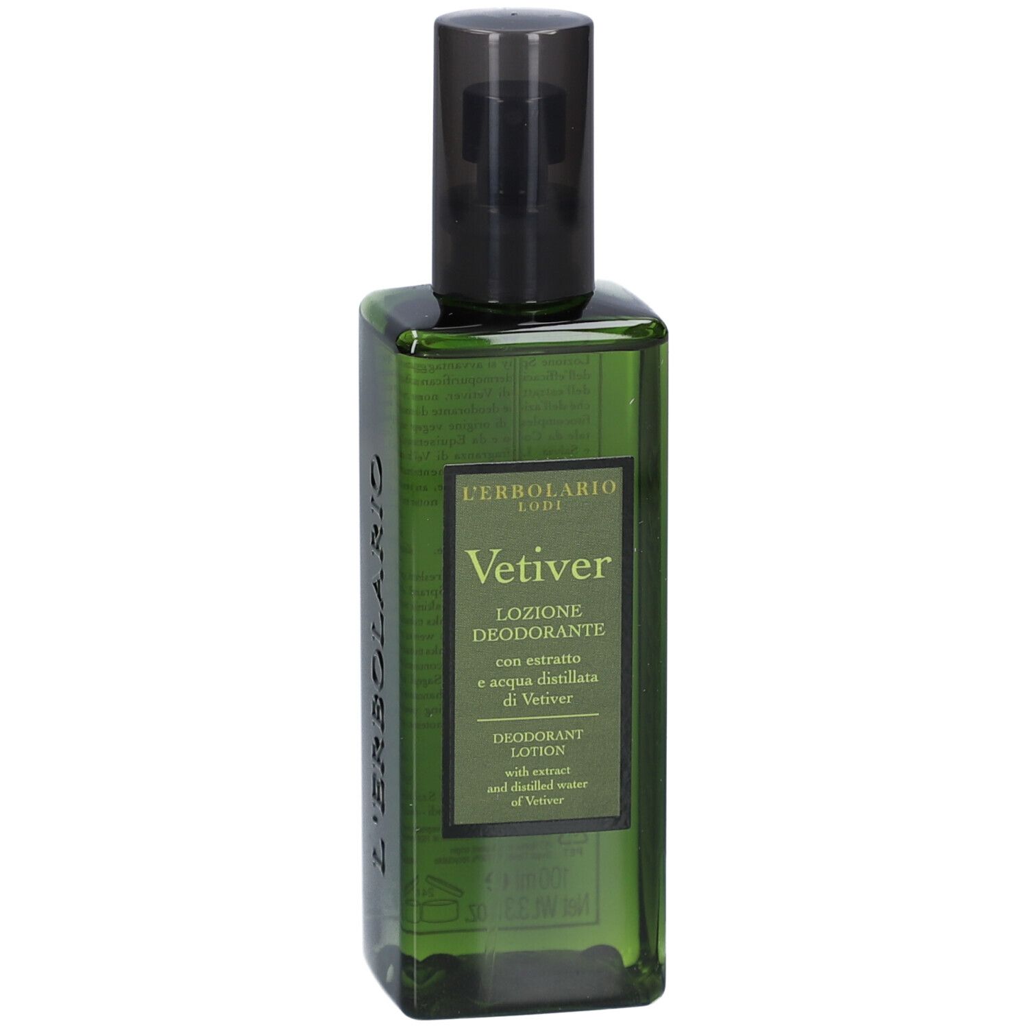 Grüne Flasche mit schwarzem Sprühkopf. Aufschrift: L'Erbolario, Vetiver, Lozione Deodorante.