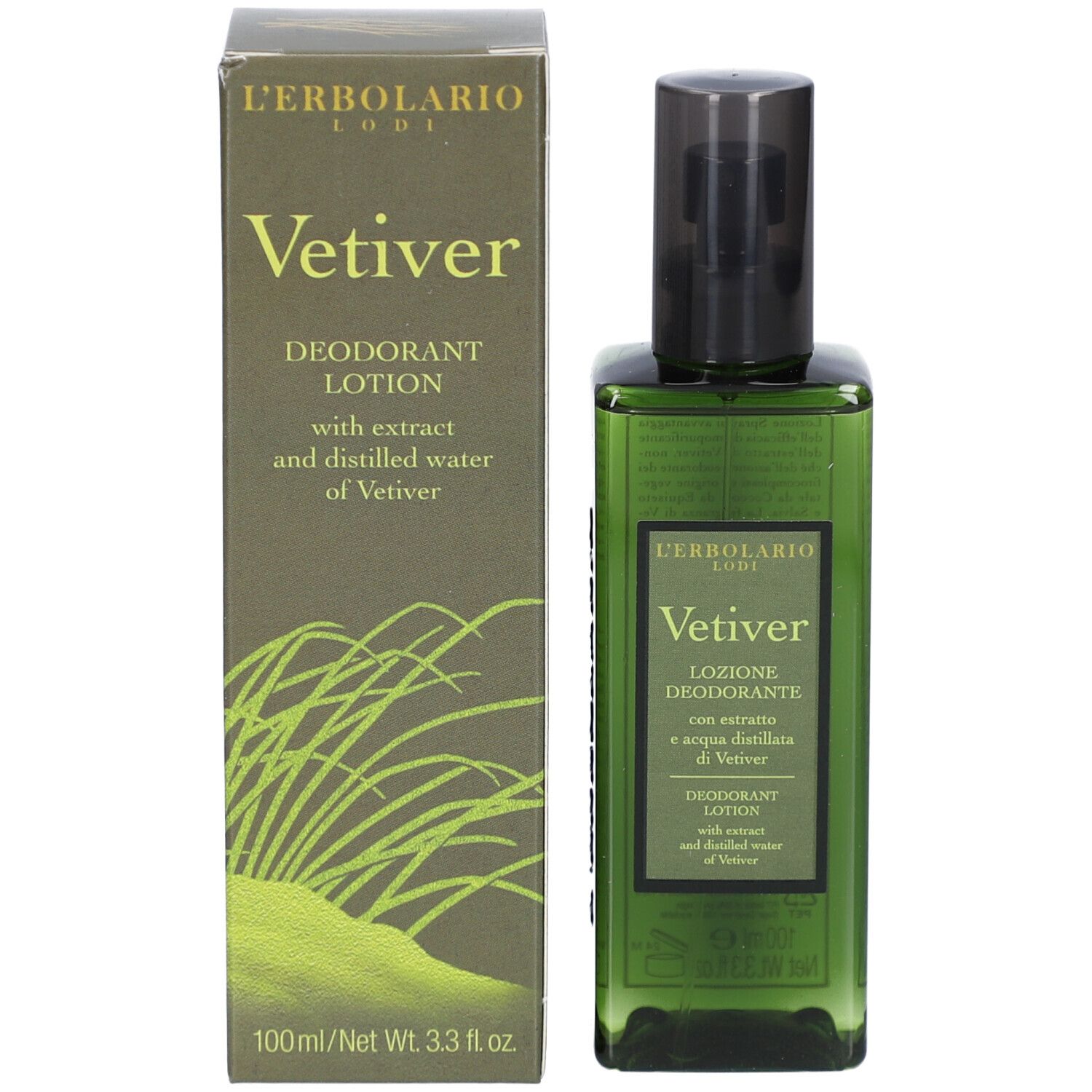 Produkt und Verpackung. Grüne Flasche mit schwarzem Sprühkopf und Karton. Aufschrift: Vetiver.