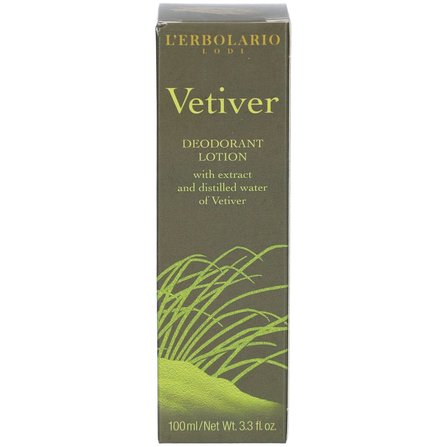 Karton mit Aufschrift: L'Erbolario, Vetiver, Deodorant Lotion. Abbildung von Gras.