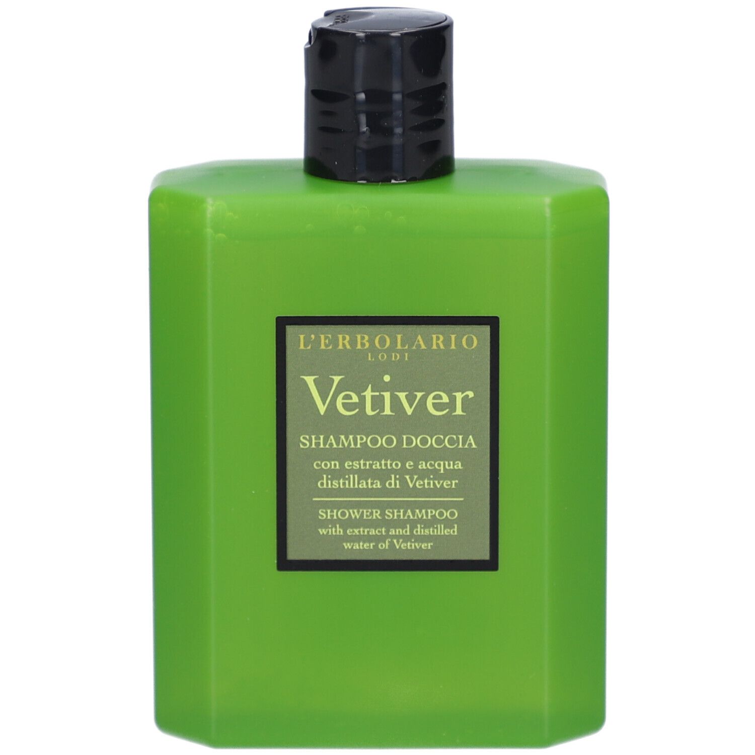 Grüne Flasche mit schwarzem Deckel. Etikett mit Produktnamen und Text. L'ERBOLARIO LODI Vetiver.