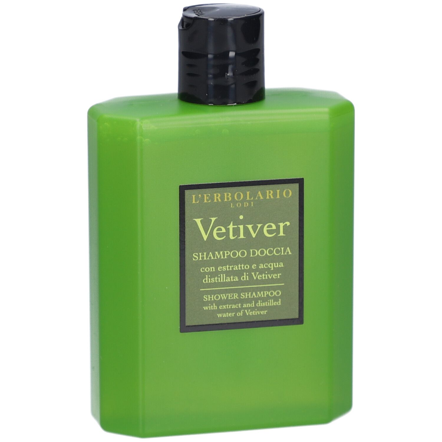 Grüne Flasche mit schwarzem Deckel. Etikett mit Produktnamen und Text. L'ERBOLARIO LODI Vetiver.