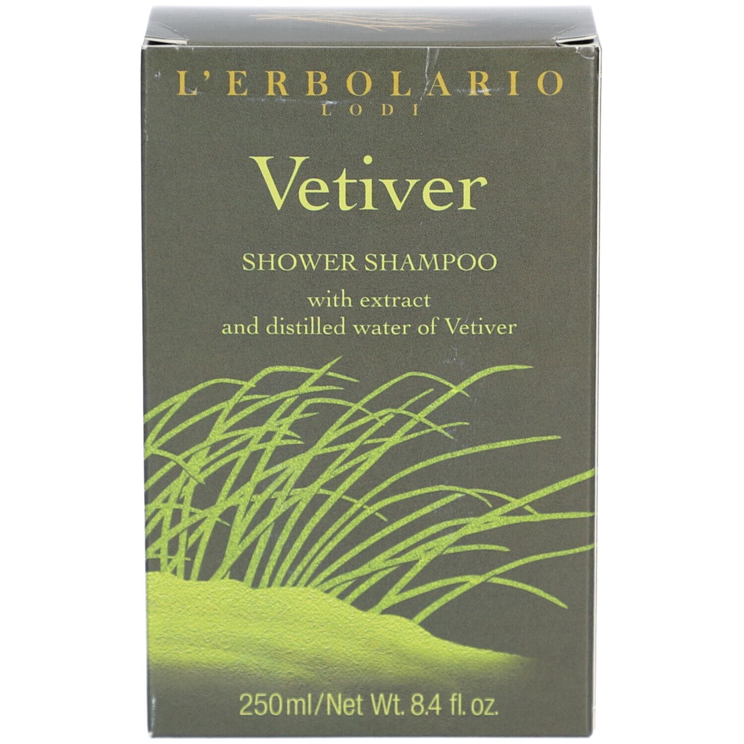 Schachtel mit Produktnamen und Text. L'ERBOLARIO LODI Vetiver. 250 ml/8.4 fl oz. Grün.