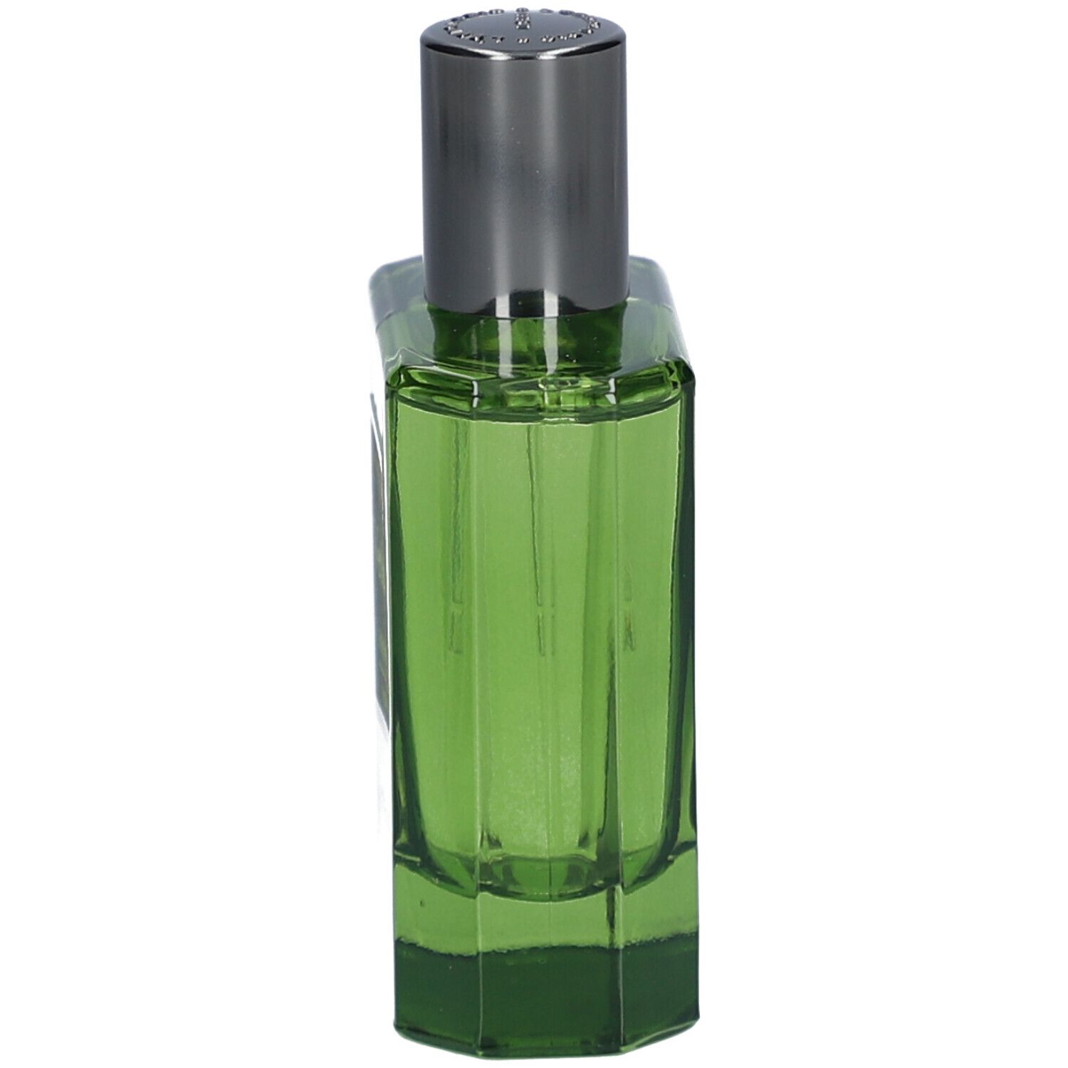 Grüne Glasflasche mit silberfarbenem Verschluss. Eckige Form, grüner Inhalt. Etikett sichtbar.