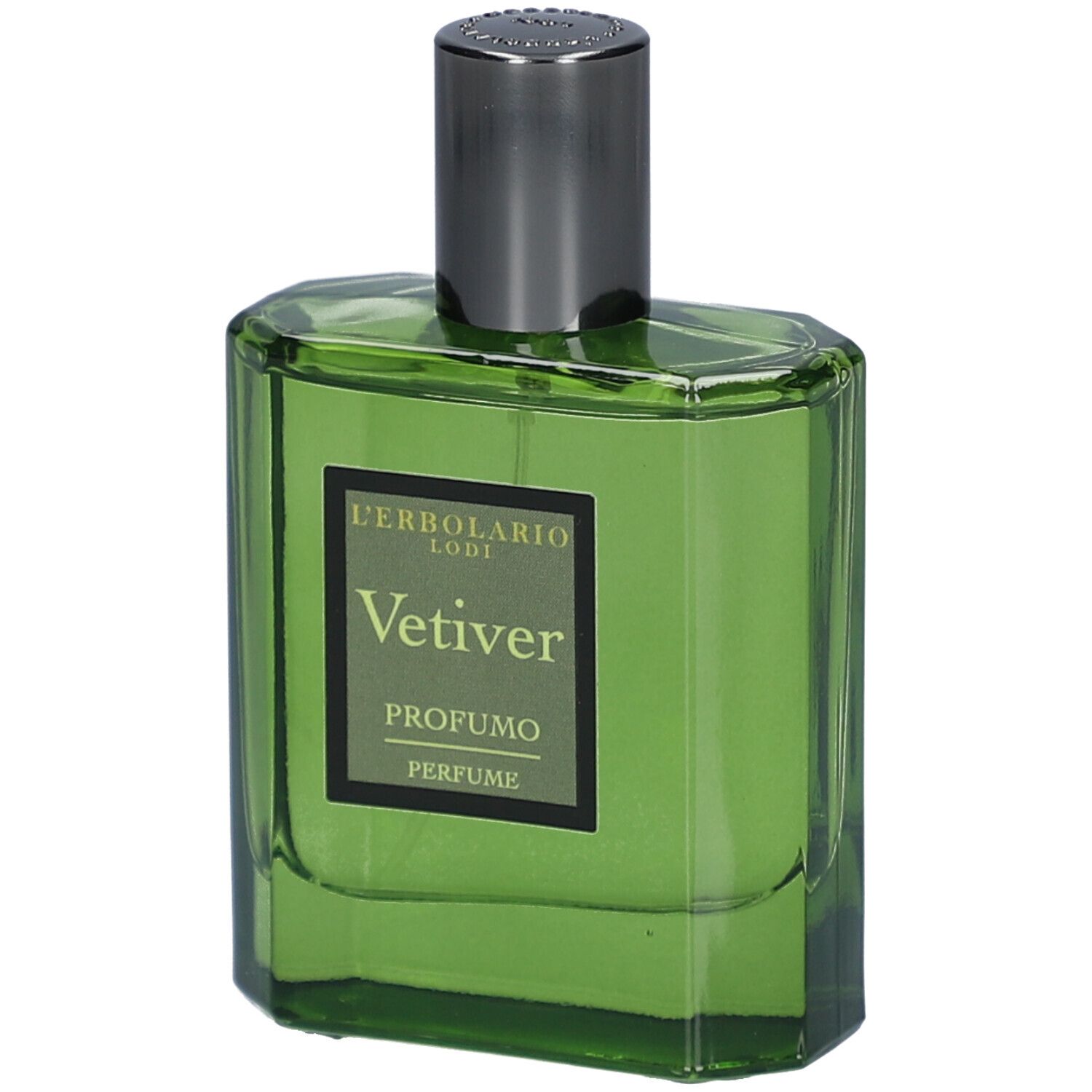 Grüne Glasflasche mit silberfarbenem Verschluss. Etikett mit "VETIVER PROFUMO PERFUME" und Logo.