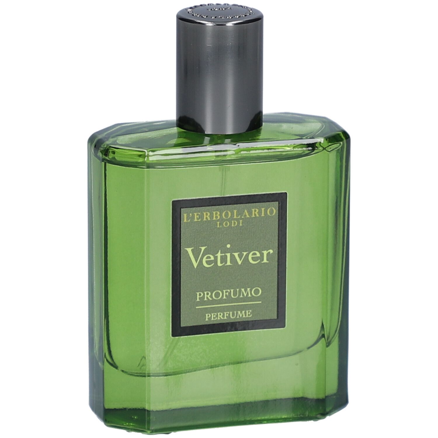 Grüne Glasflasche mit silberfarbenem Verschluss. Etikett mit "VETIVER PROFUMO PERFUME" und Logo.