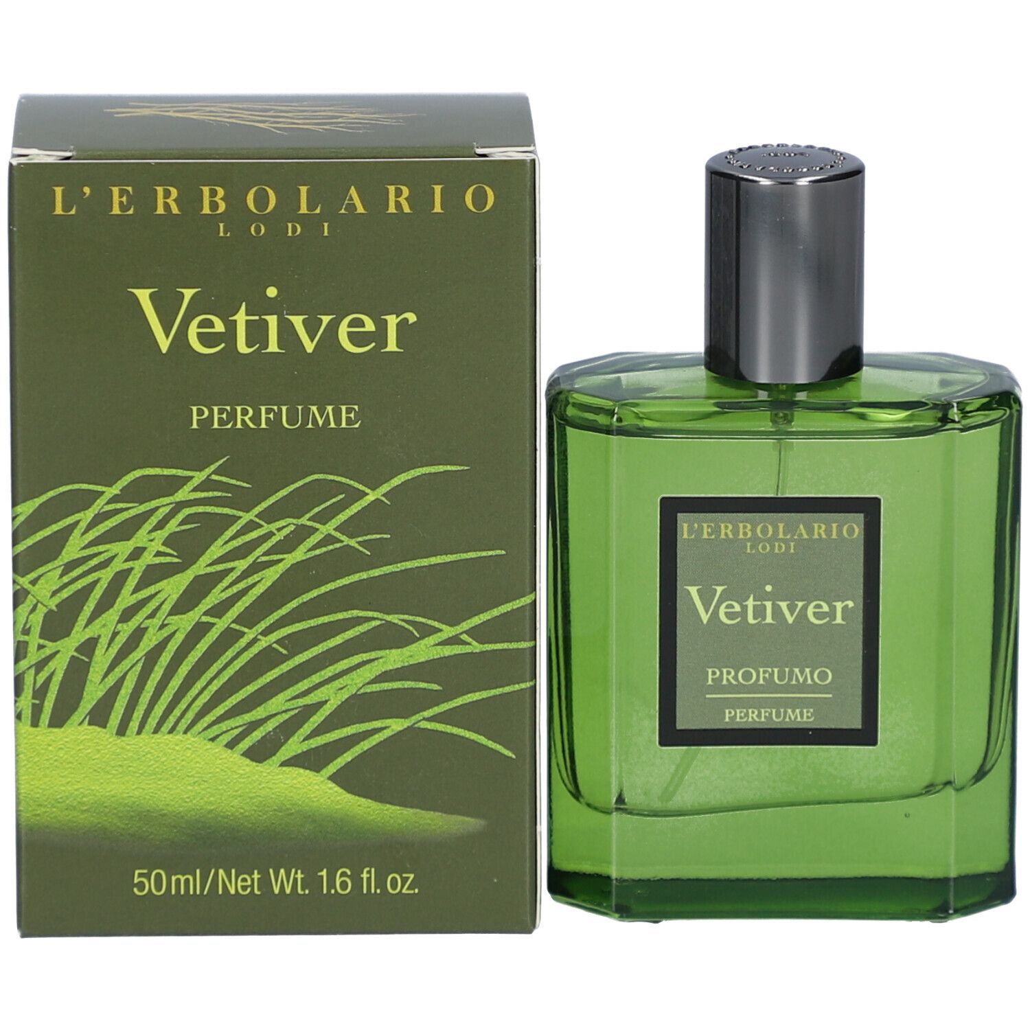 Grüne Glasflasche und Verpackung. Flasche mit silberfarbenem Verschluss. Verpackung mit Text und Logo.