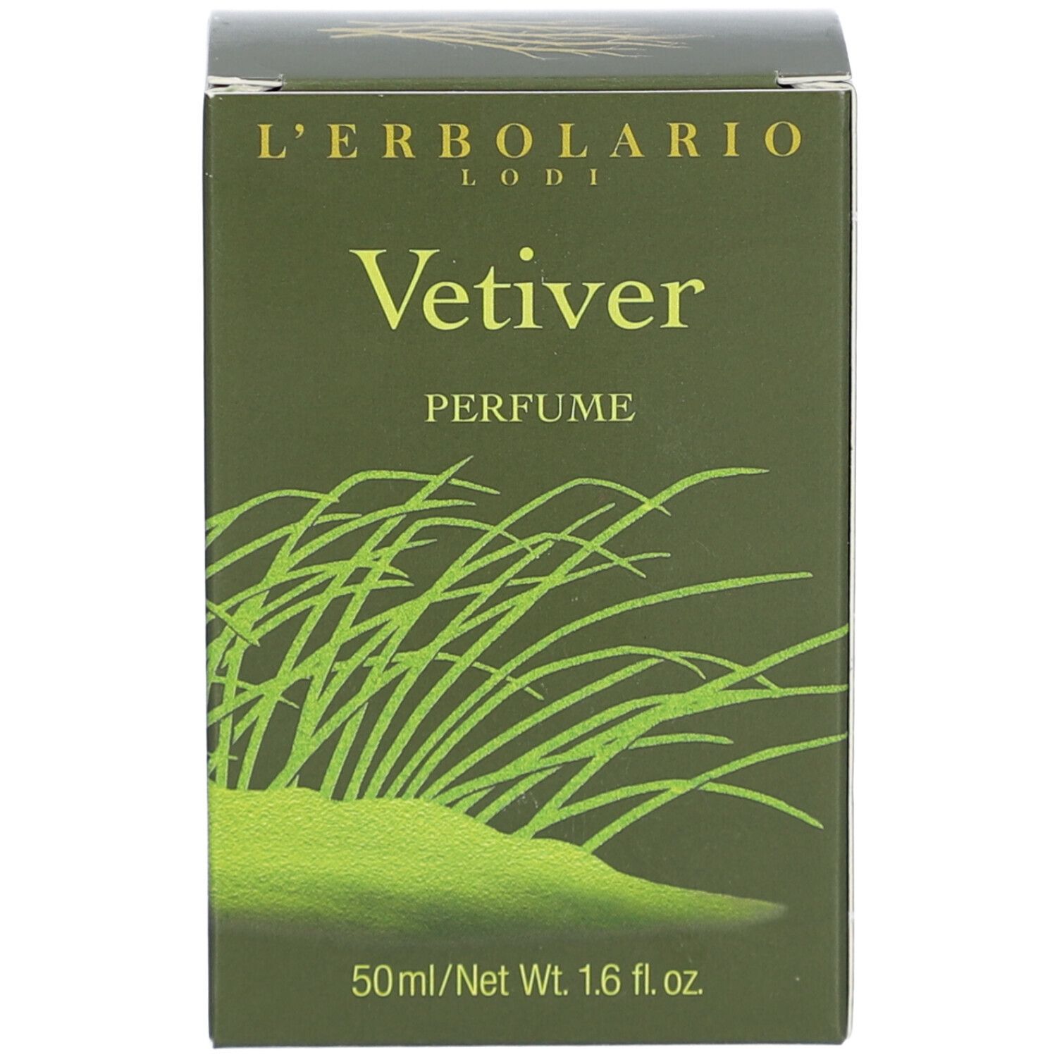 Grüne Verpackung mit Text und Logo. Darstellung von Gräsern. Produktname: VETIVER PERFUME.