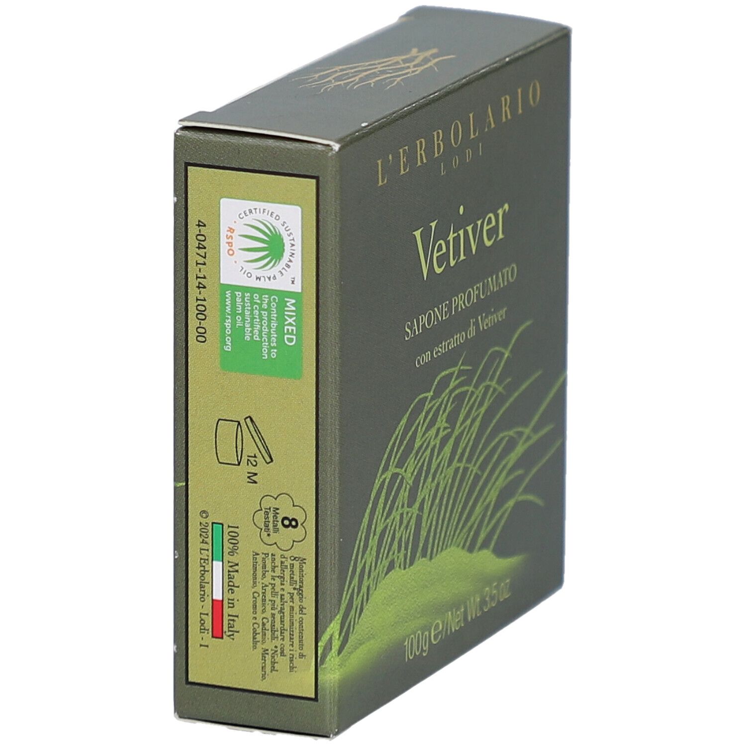 Grüne Schachtel mit Text und Logo. Aufschrift "VETIVER SAPONE PROFUMATO". Marke: L'Erbolario Lodi. Enthält 100g Seife. Seitenansicht.