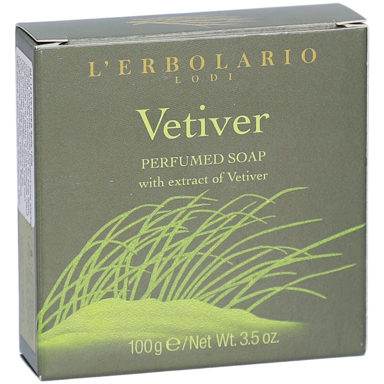 Grüne Schachtel mit Aufschrift "VETIVER PERFUMED SOAP". Enthält 100g Seife. Abbildung von Gras. Marke: L'Erbolario Lodi.