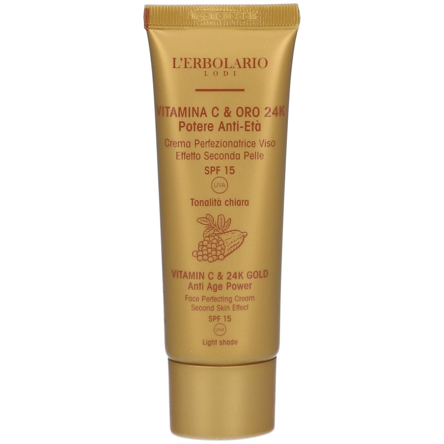 Goldfarbene Tube. L'Erbolario VITAMIN C & 24K GOLD getönte Tagescreme LSF15 hell. Text und Illustrationen.
