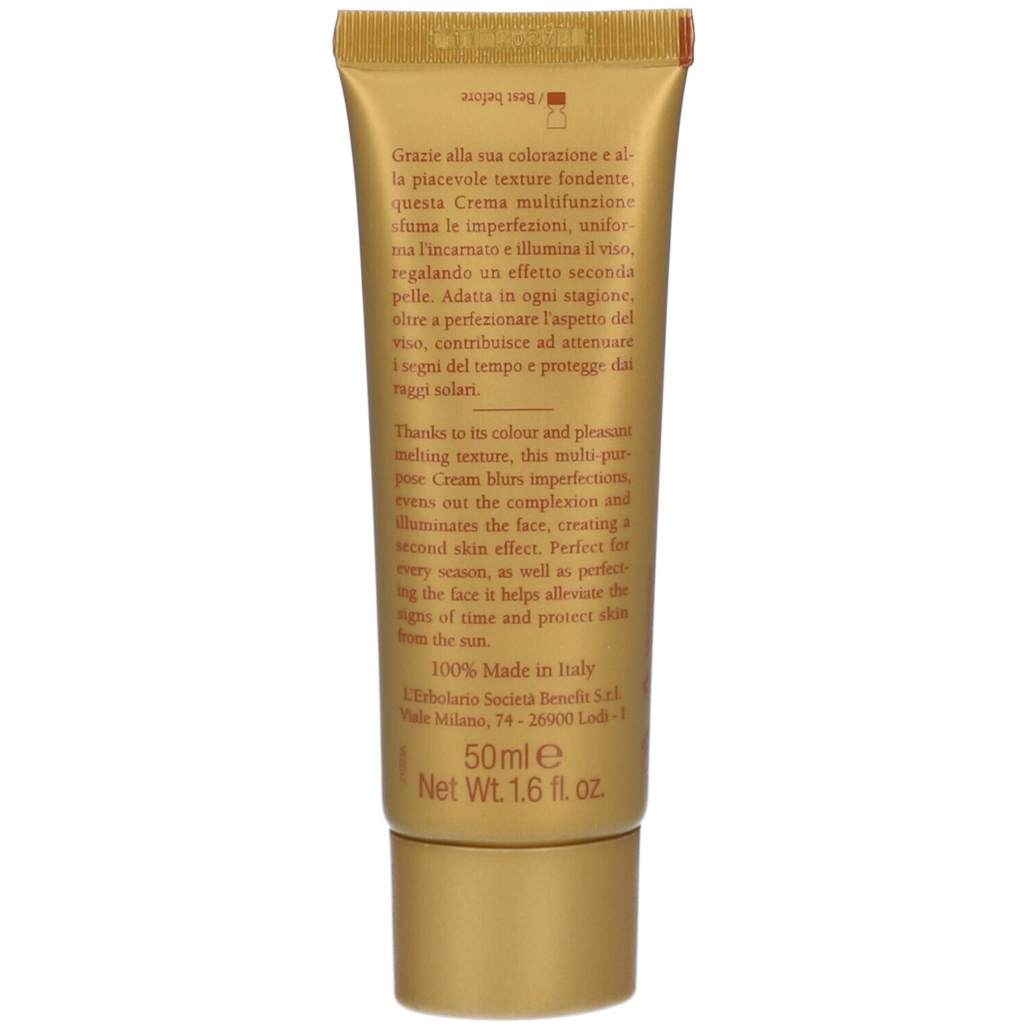 Rückseite der goldenen Tube. Text in italienischer und englischer Sprache. Angaben zu Inhaltsstoffen und Hersteller.