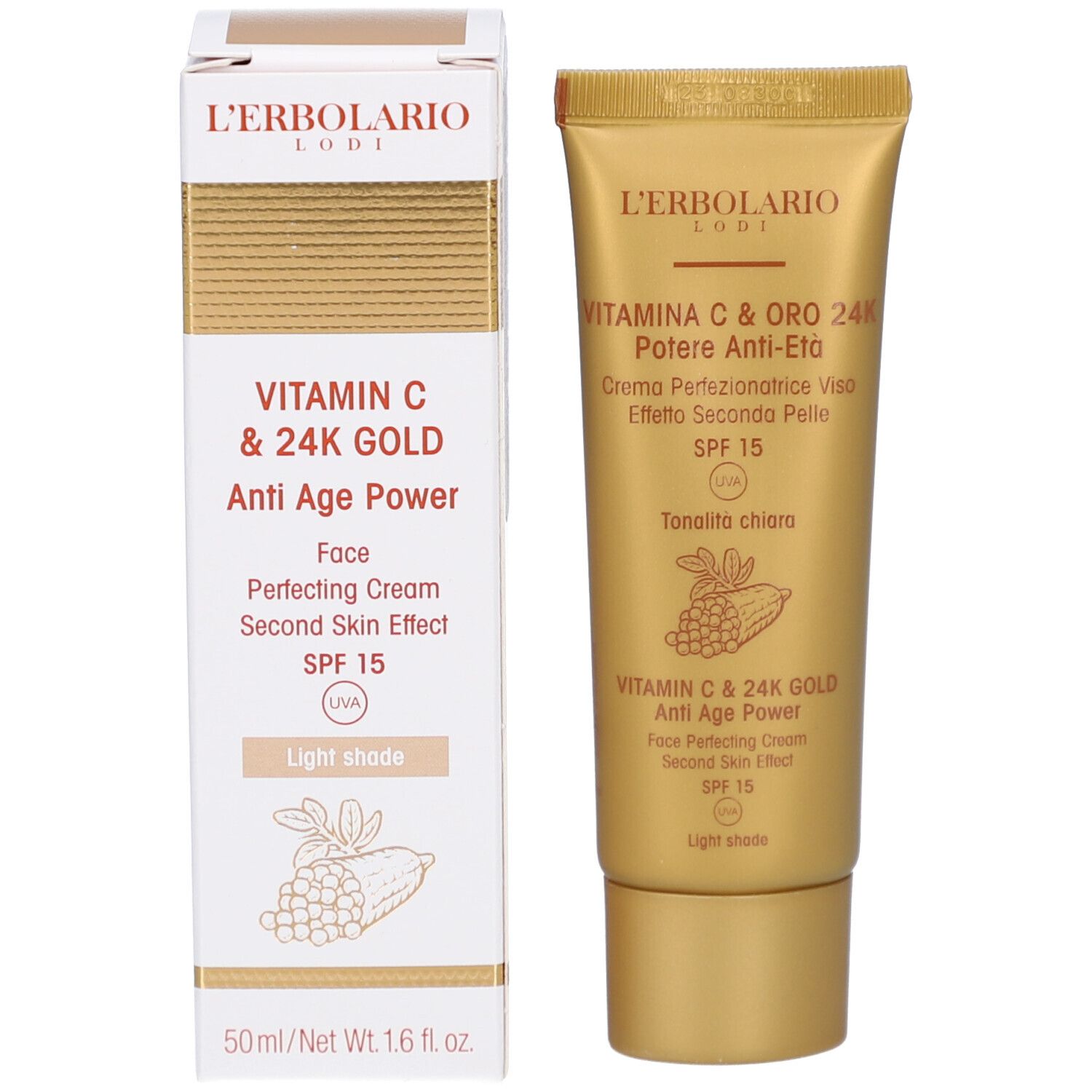 Produkt und Verpackung. L'Erbolario VITAMIN C & 24K GOLD getönte Tagescreme LSF15 hell. Text und Logo.