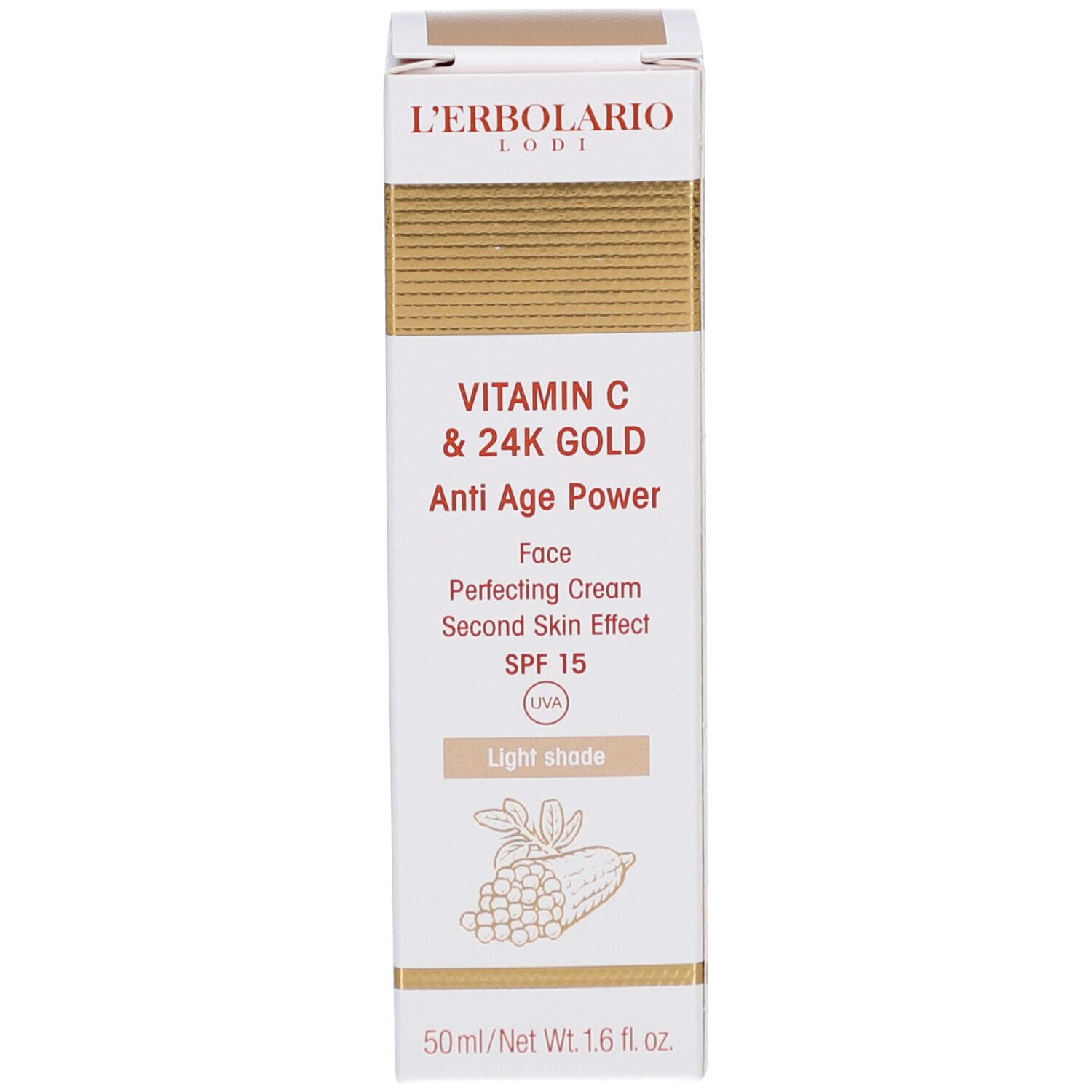 Verpackung. L'Erbolario VITAMIN C & 24K GOLD getönte Tagescreme LSF15 hell. Text und Logo.