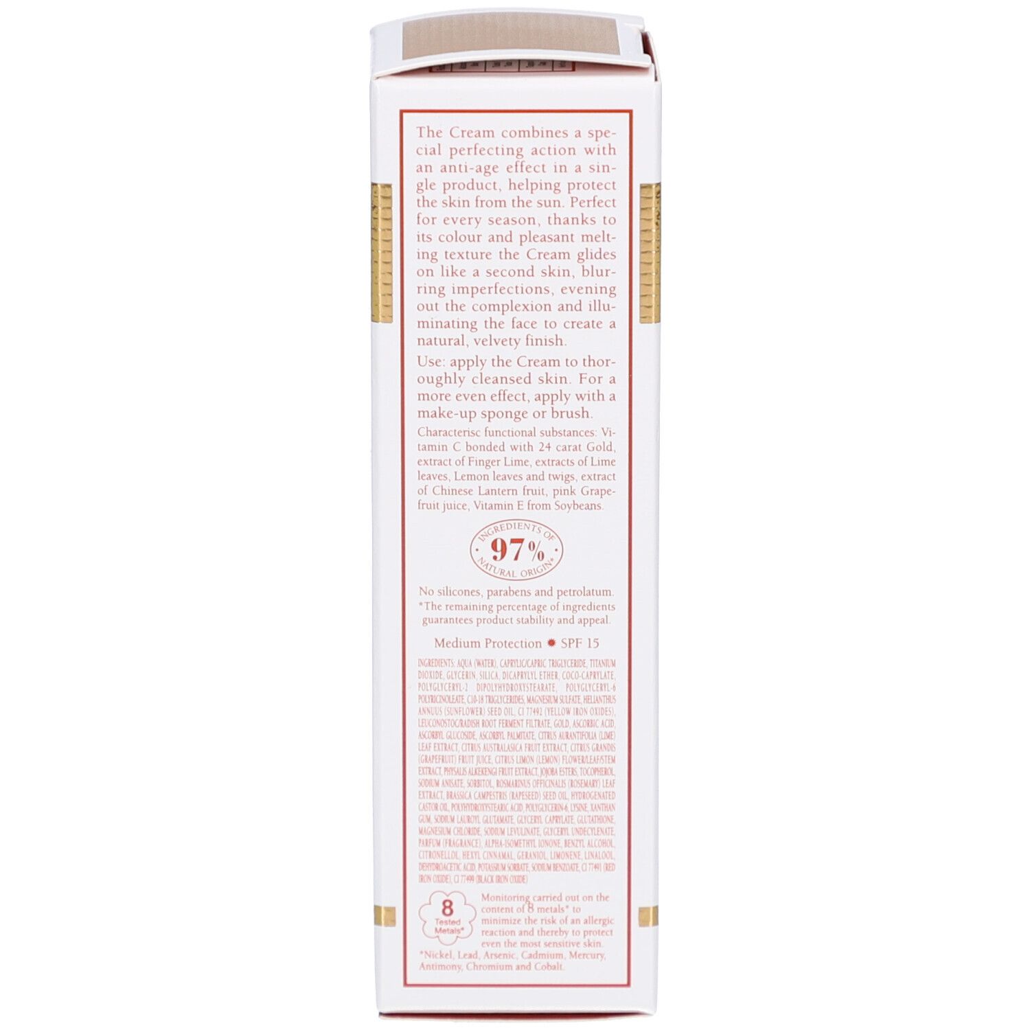 Rückseite der Verpackung. Text in englischer und italienischer Sprache. Angaben zu Inhaltsstoffen und Hersteller.