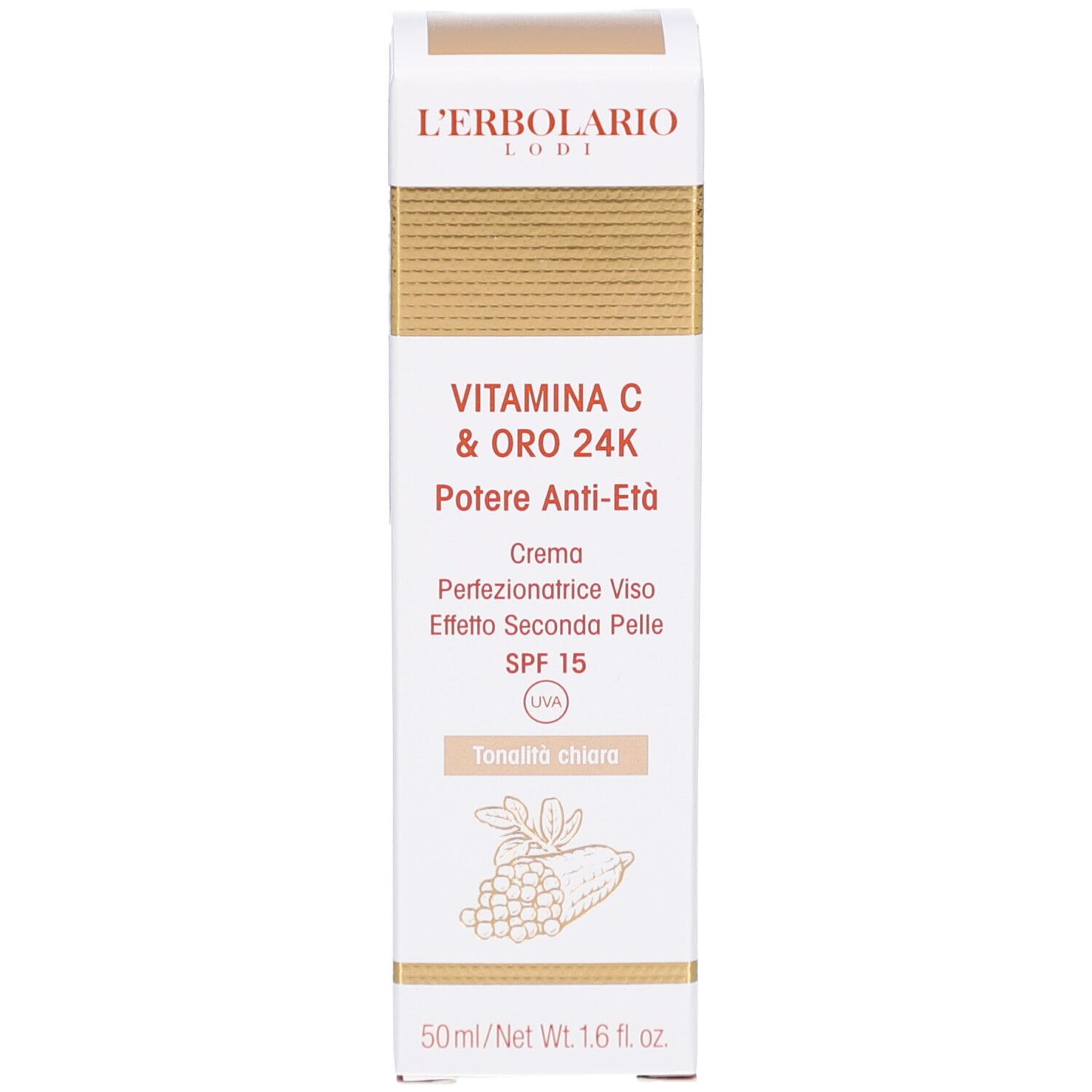 Verpackung. L'Erbolario VITAMIN C & 24K GOLD getönte Tagescreme LSF15 hell. Text und Logo.