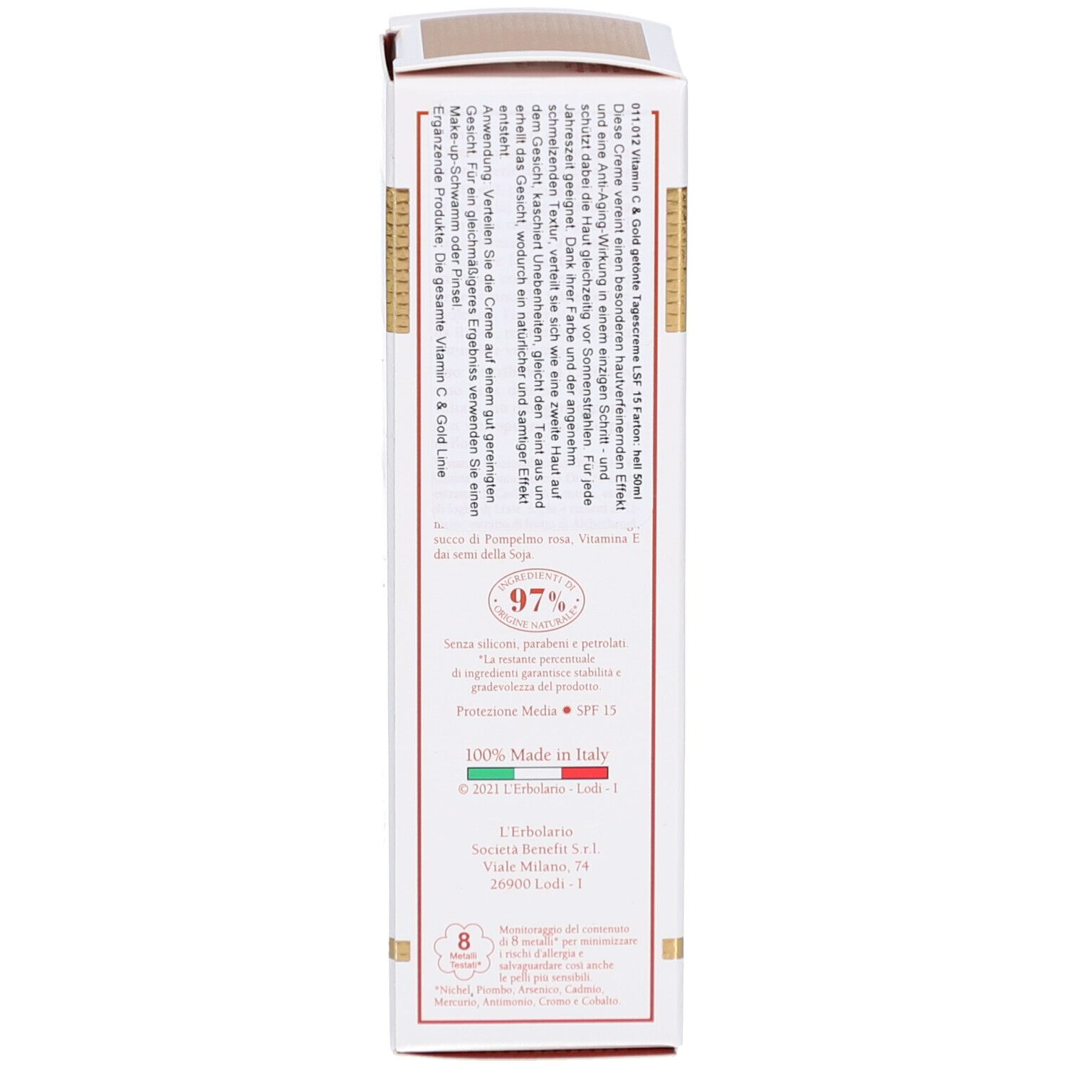 Rückseite der Verpackung. Text in deutscher und italienischer Sprache. Angaben zu Inhaltsstoffen und Hersteller.