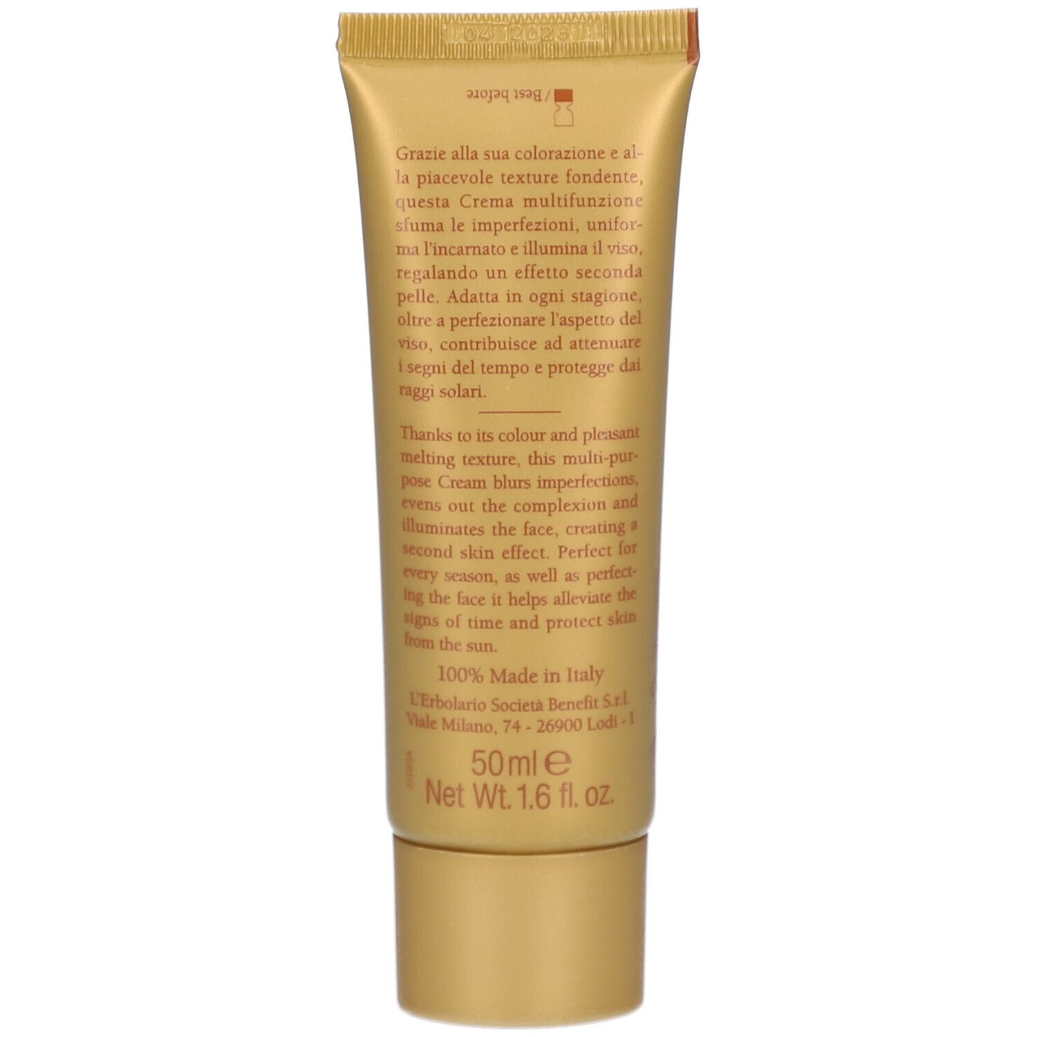 Rückseite der goldenen Tube. Text in italienischer und englischer Sprache. Enthält 50ml Creme.