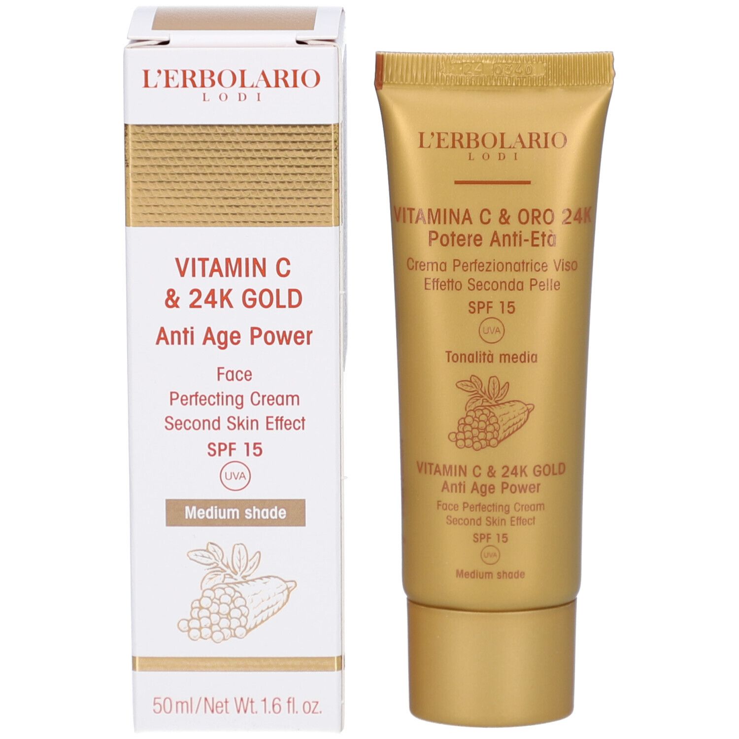 Produkt und Verpackung. Goldfarbene Tube und weiße Schachtel. Enthält Vitamin C & 24K Gold Tagescreme.