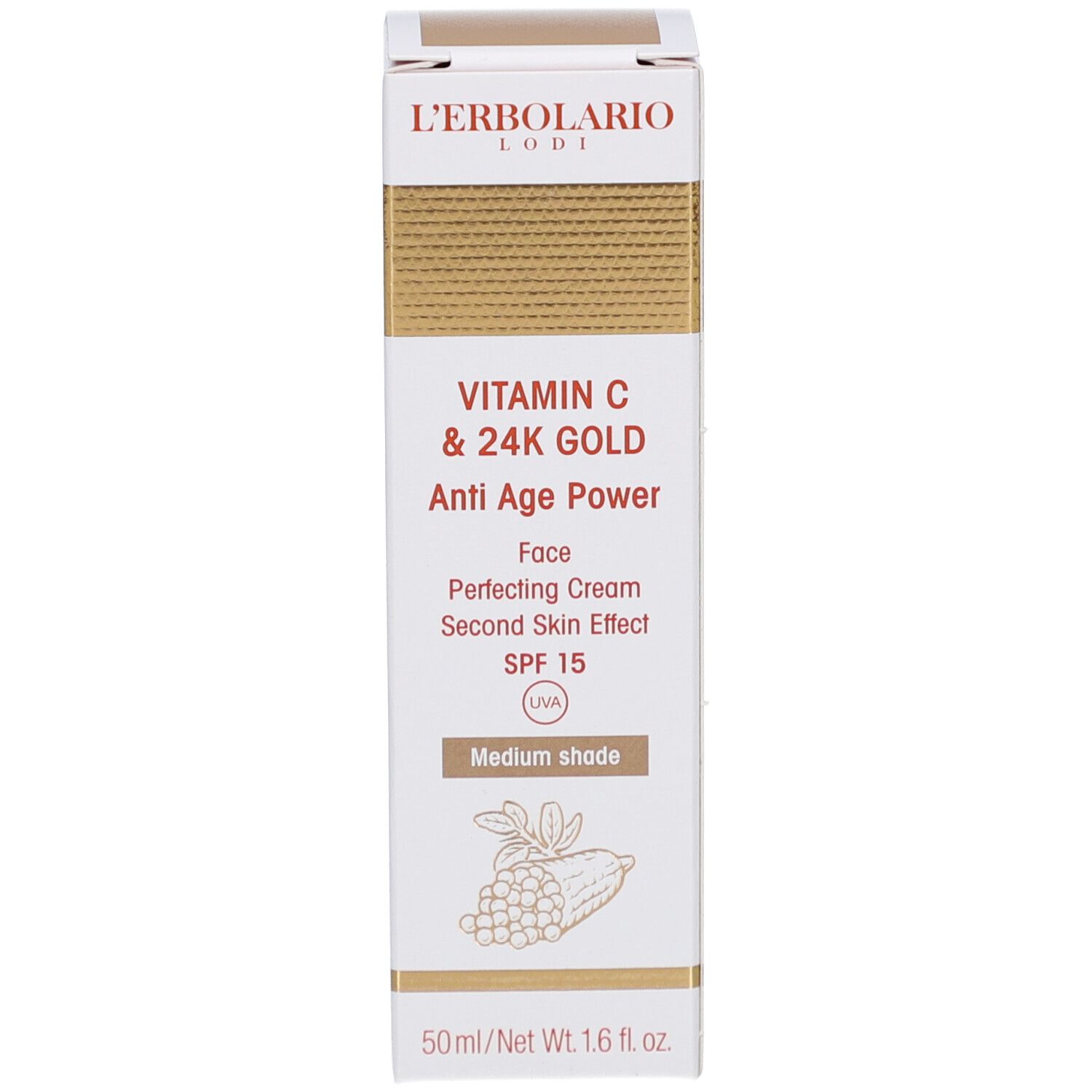 Weiße Schachtel mit Produktaufschrift. Enthält Vitamin C & 24K Gold Tagescreme. Mittlere Tönung.