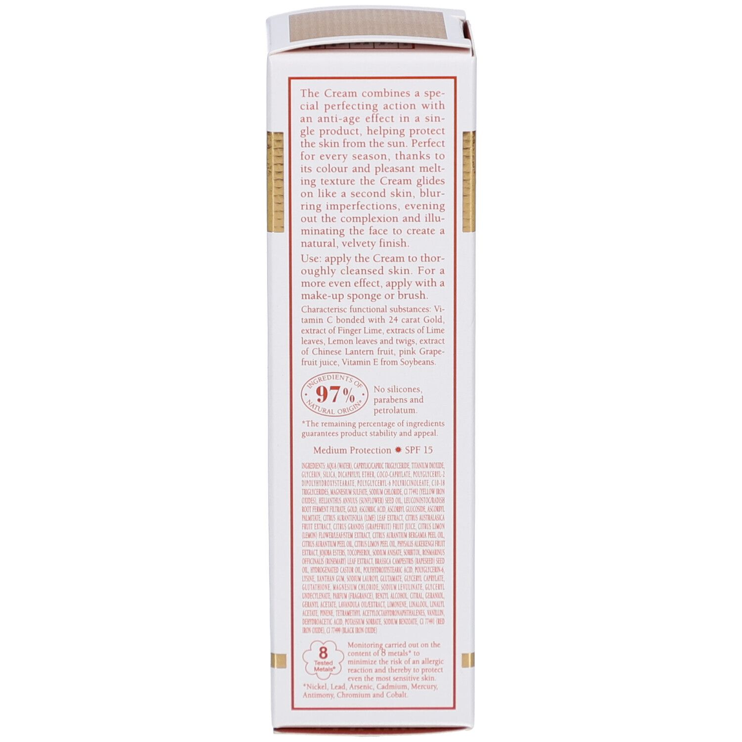 Rückseite der weißen Schachtel. Text in italienischer und englischer Sprache. Enthält Inhaltsstoffe und SPF 15.