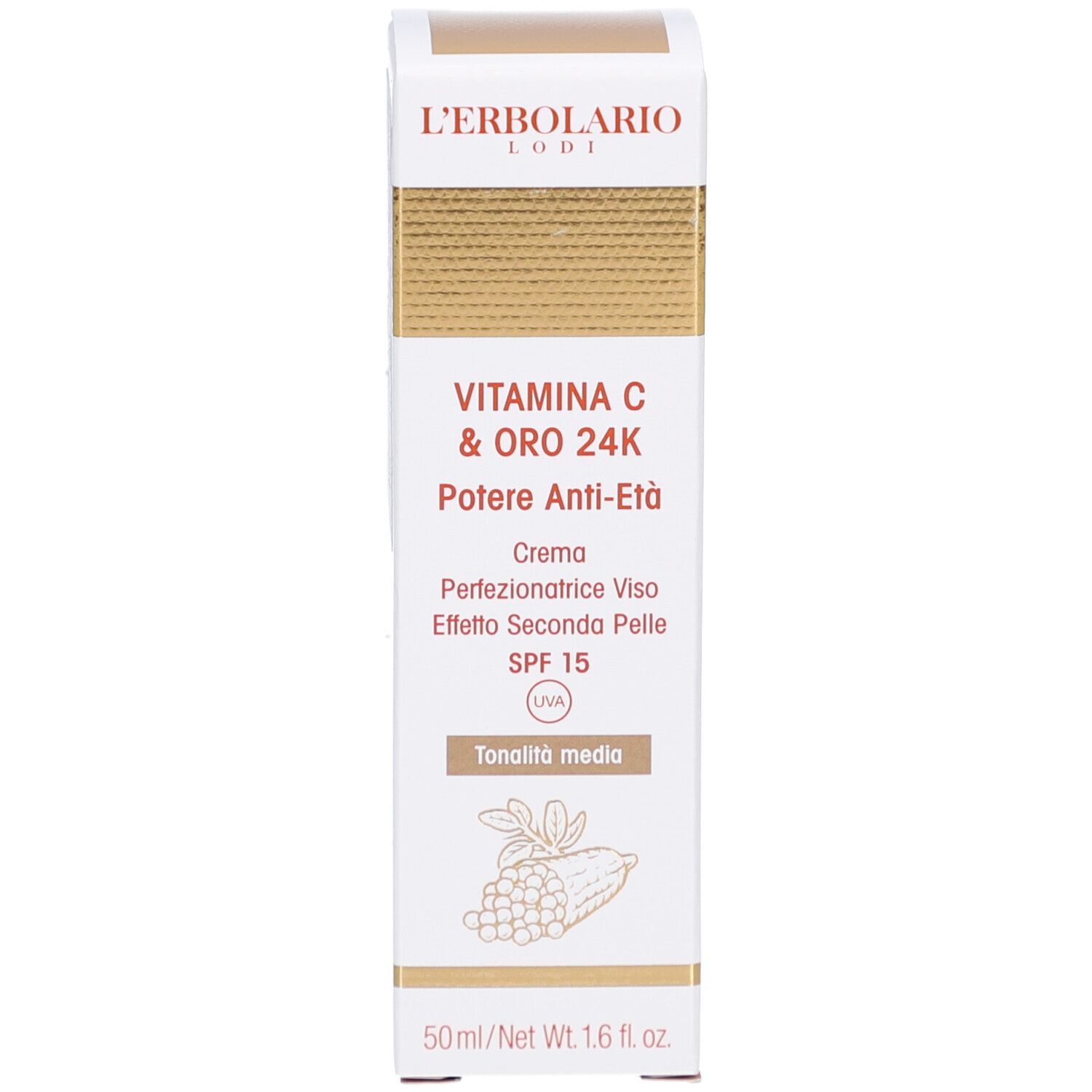 Weiße Schachtel mit Produktaufschrift. Enthält Vitamin C & 24K Gold Tagescreme. Mittlere Tönung.