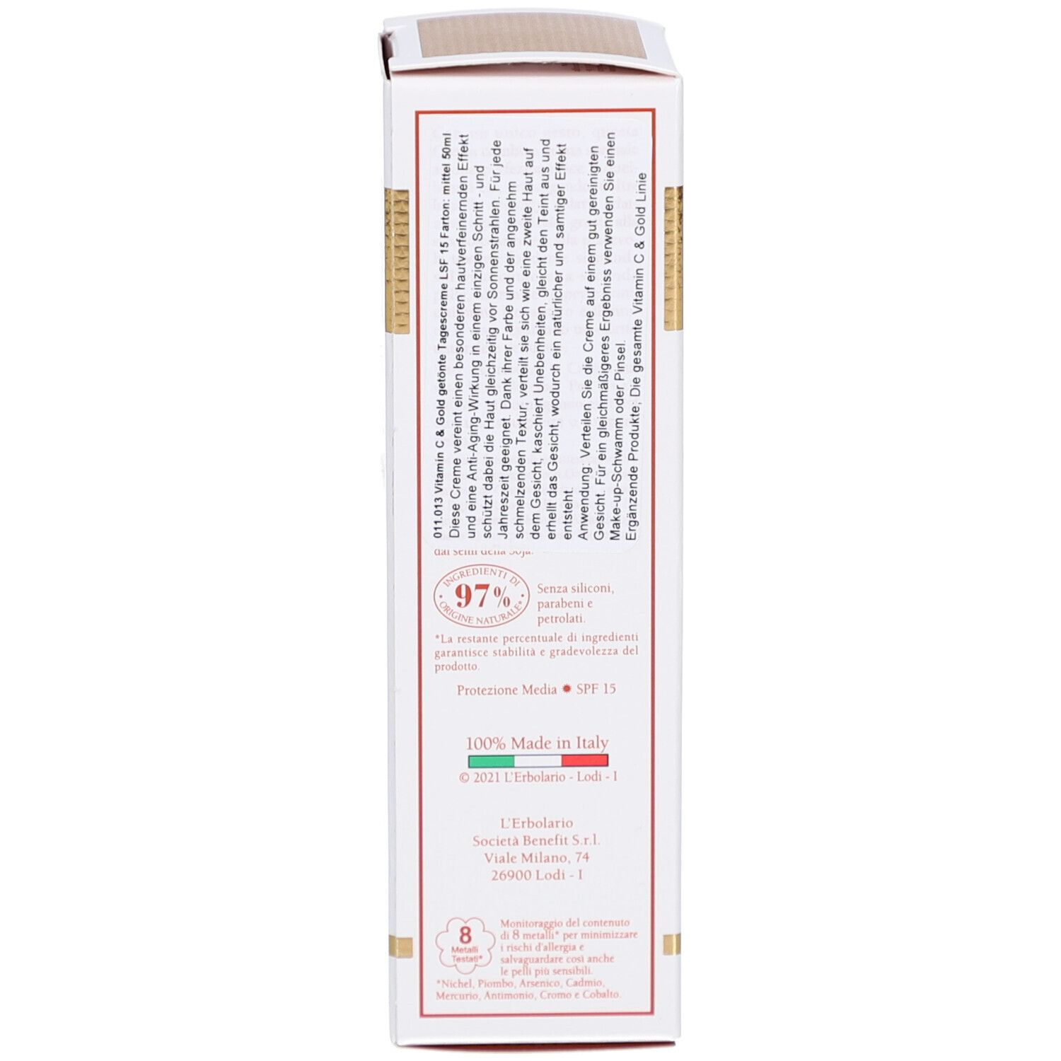 Rückseite der weißen Schachtel. Text in italienischer und englischer Sprache. Enthält Inhaltsstoffe und SPF 15.