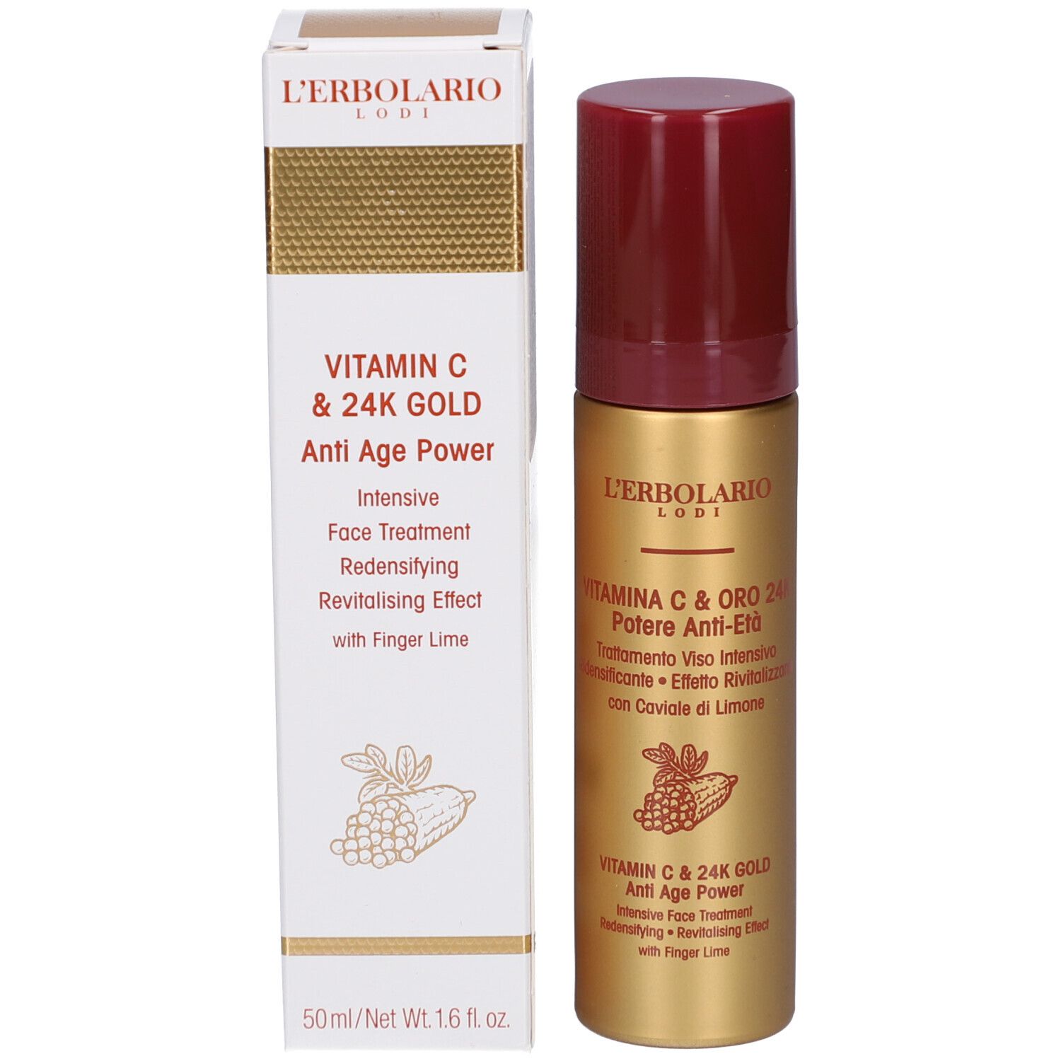 Goldfarbene Flasche mit rotem Deckel und Karton. Aufschrift: L'Erbolario, Vitamin C & Oro 24, Anti-Age Power. Abbildung von Früchten.