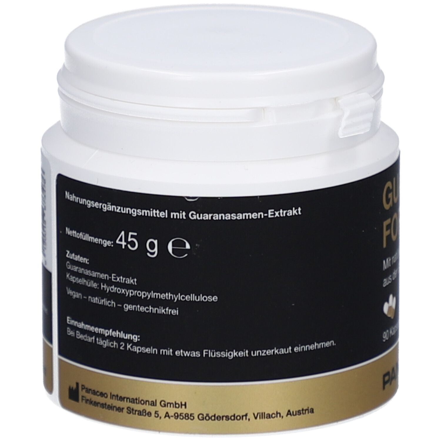 Weiße Dose mit schwarzem Etikett. Aufschrift: 45 g. Zutatenliste. Goldfarbener Boden. Deckel geöffnet.