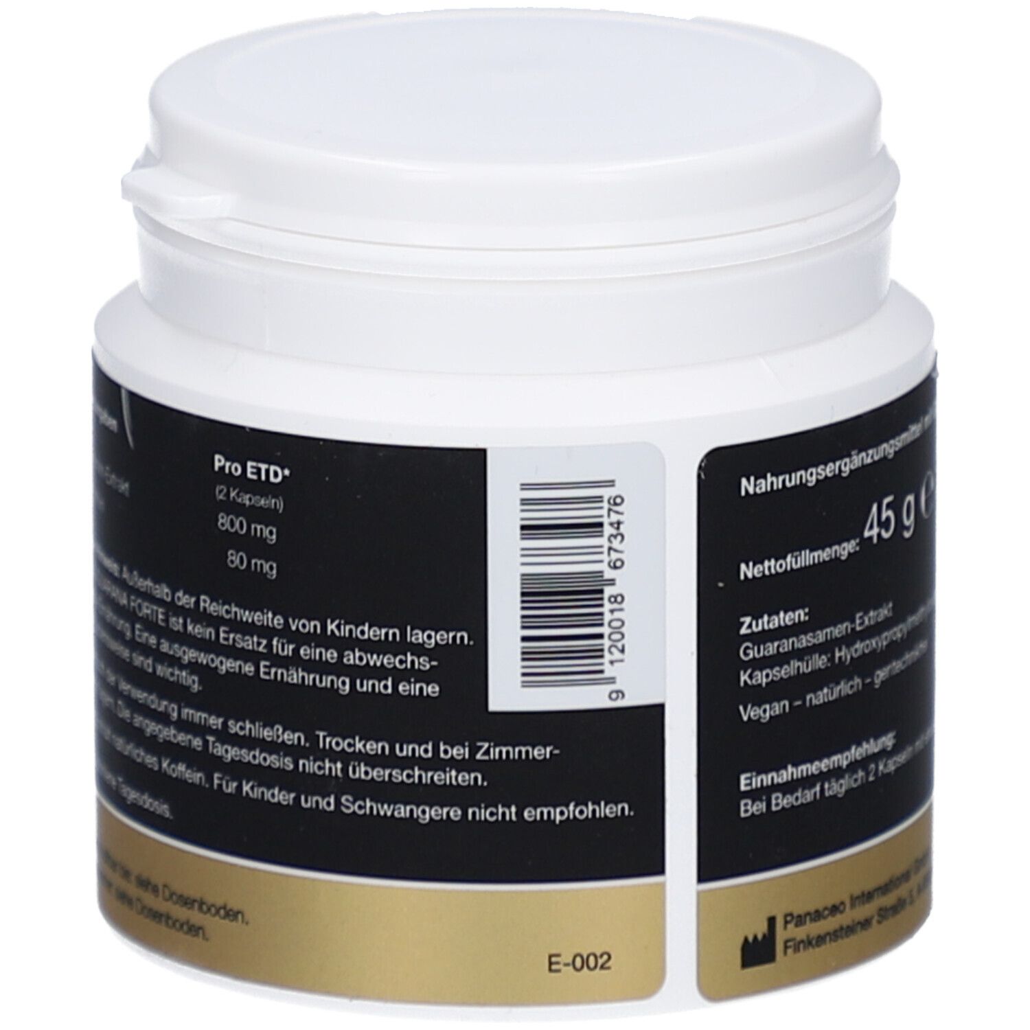 Weiße Dose mit schwarzem Etikett. Aufschrift: 45 g. Barcode. Goldfarbener Boden. Deckel geöffnet.