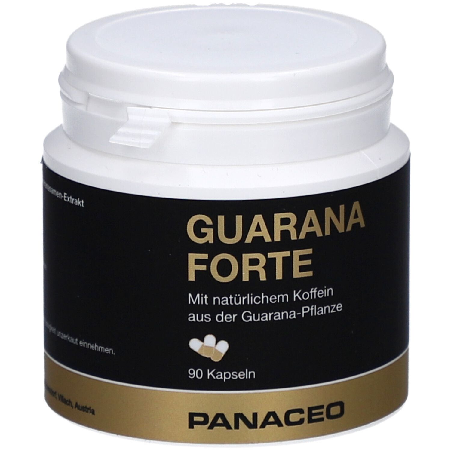 Weiße Dose mit schwarzem Etikett. Aufschrift: GUARANA FORTE, 90 Kapseln, PANACEO. Goldfarbener Boden.